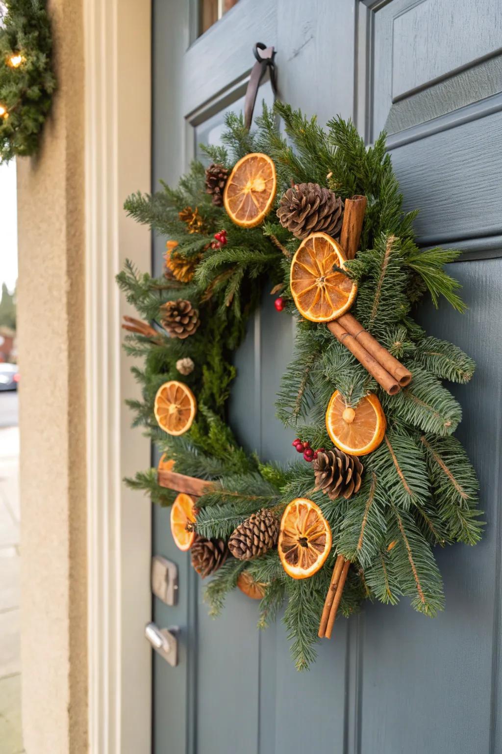 A distinctive holiday wreath showcasing dehydrated citrus and spice sticks.