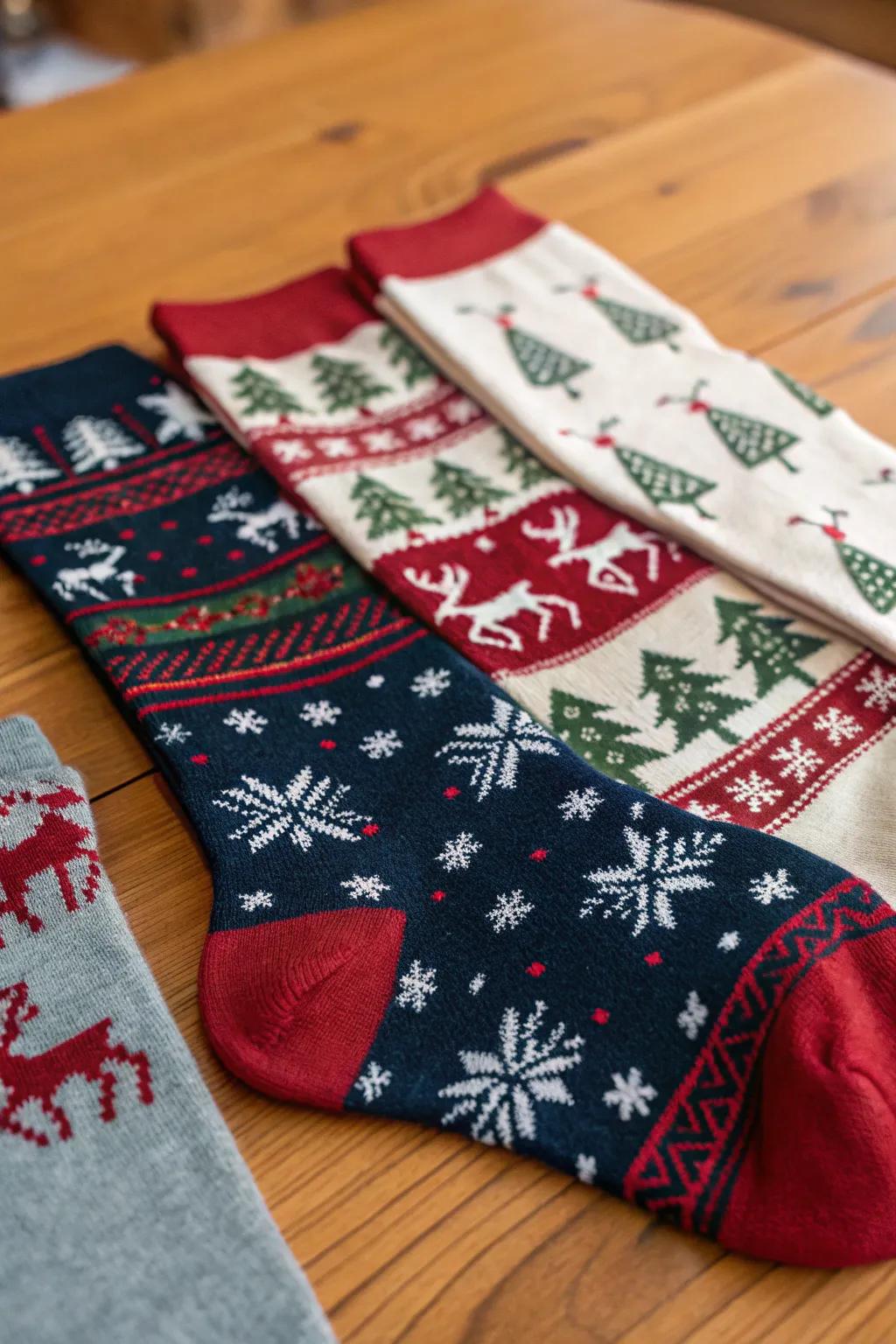 A selection of holiday socks primed for a joyous swap.