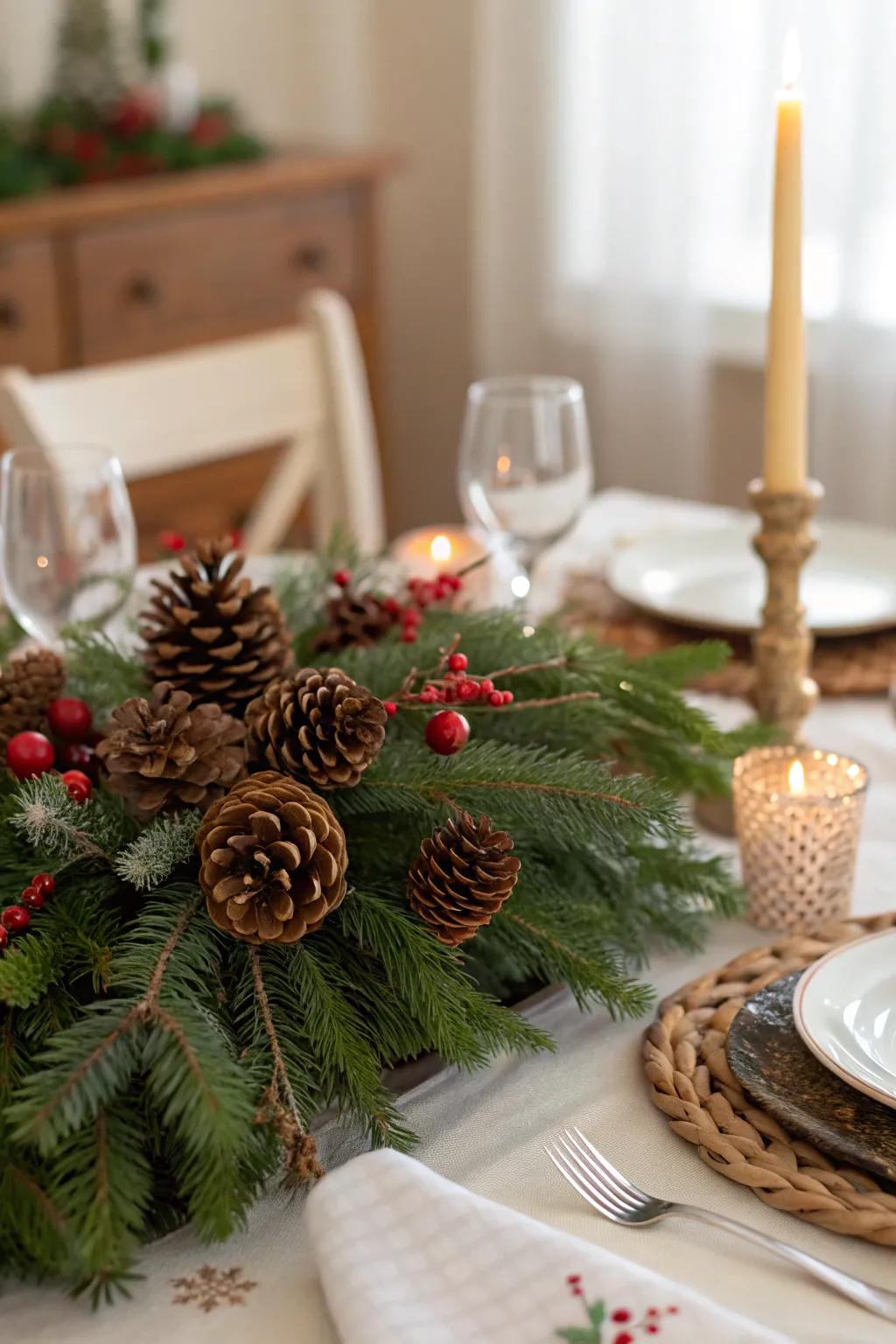 Evergreen sprigs and tree cones craft a timeless and revitalizing centerpiece.