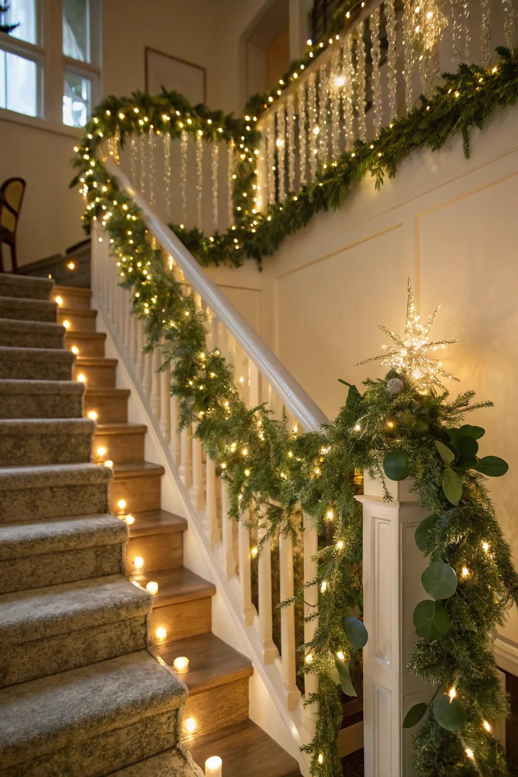 A stairway attractively embellished with sparkle strands, lights, and foliage for the holiday period.