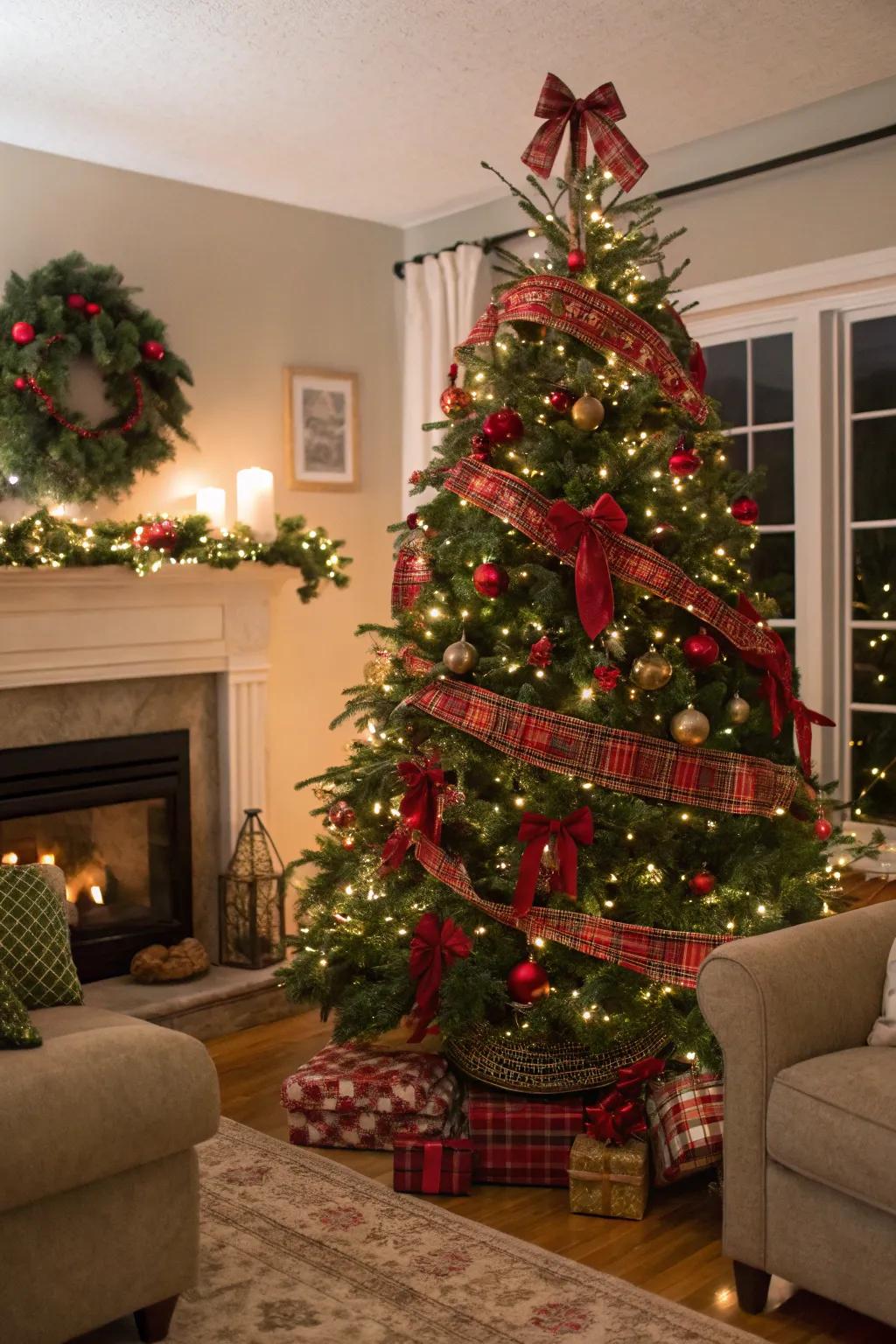 A traditional Christmas tree in red and green with plaid ribbons provides a timeless allure.