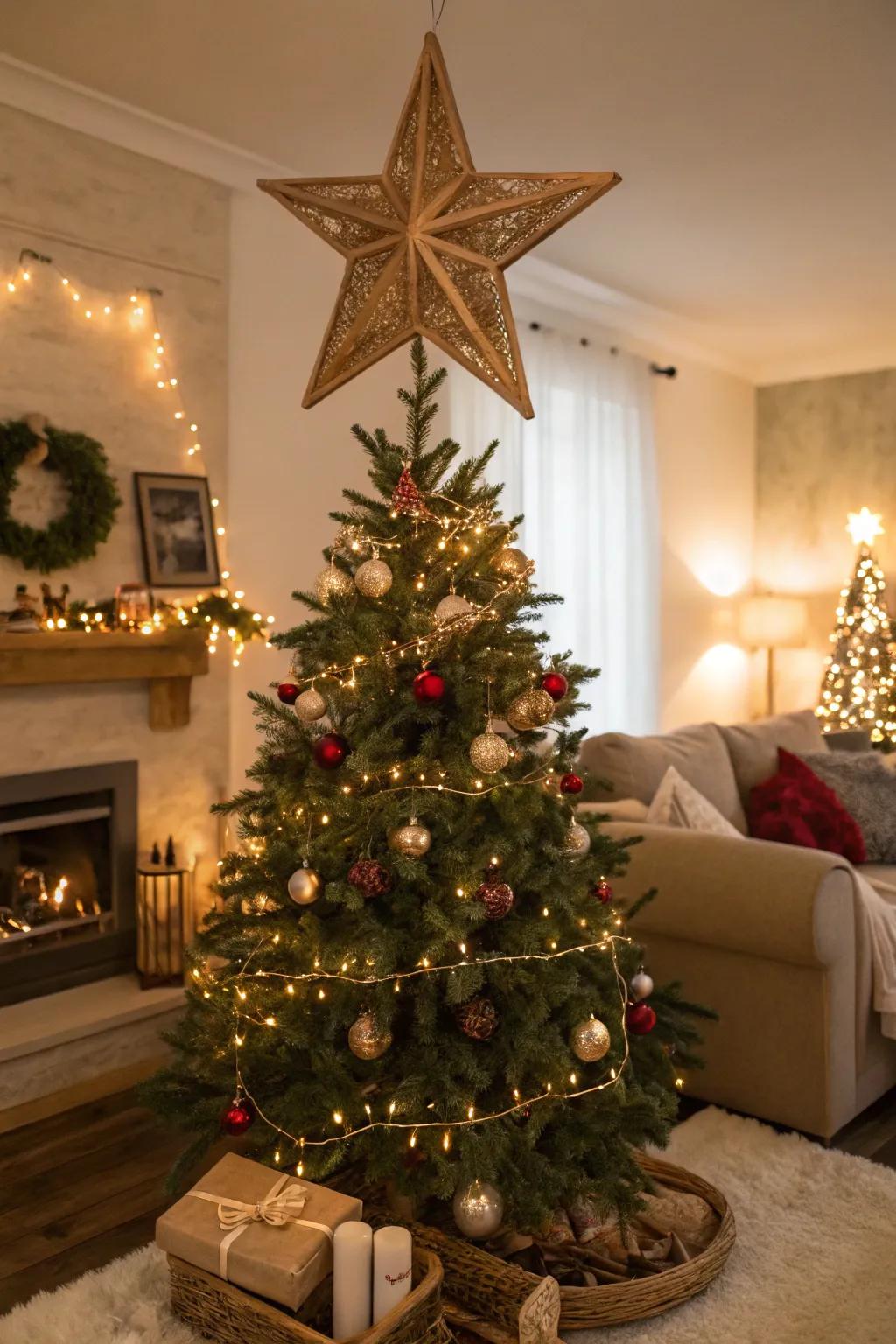 A timber star gives country charm to a joyous Christmas tree.