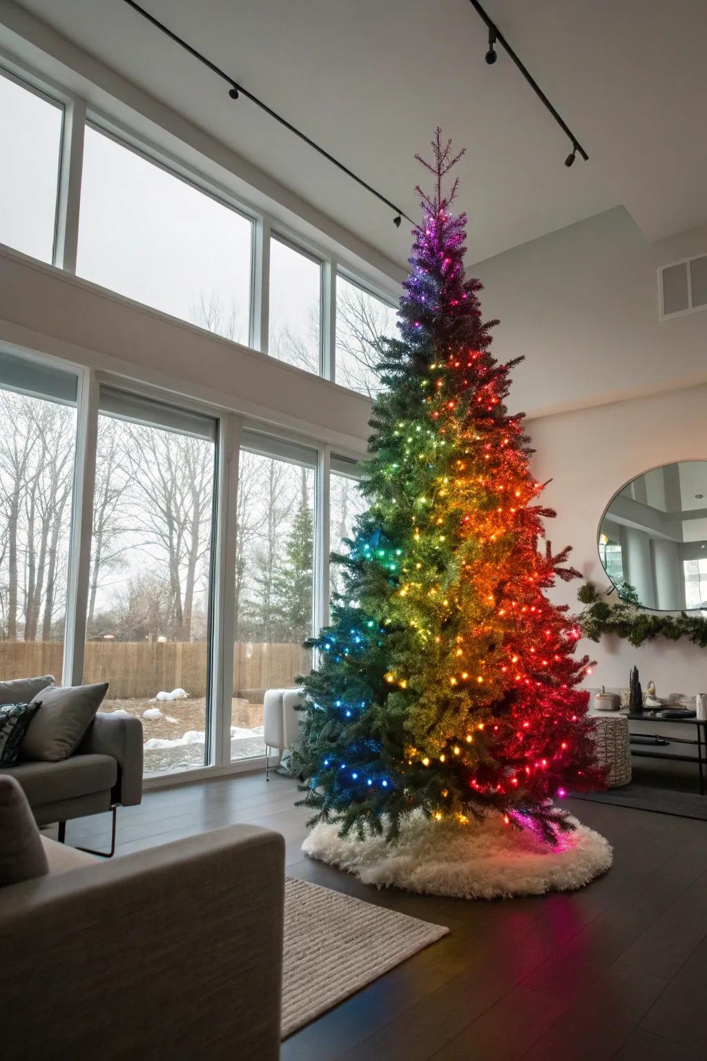 An eye-catching Christmas tree exhibiting a spectral slope of vibrant lights, establishing an energetic point of interest.