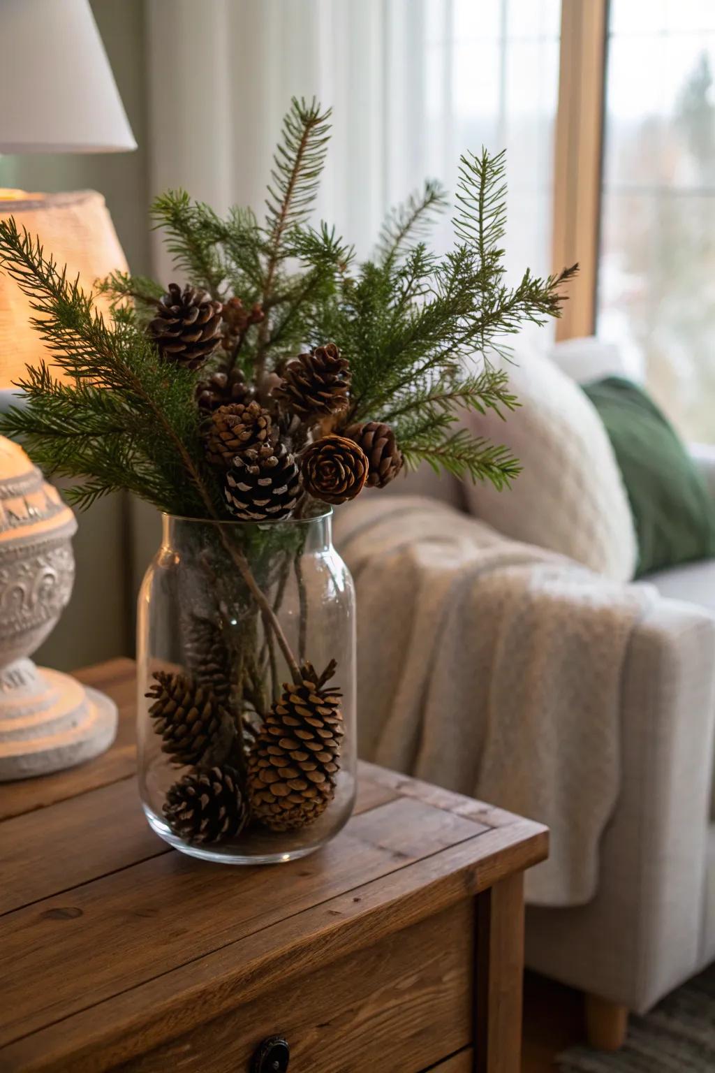 Classic sophistication: cones and verdure evoke a warm holiday ambiance.