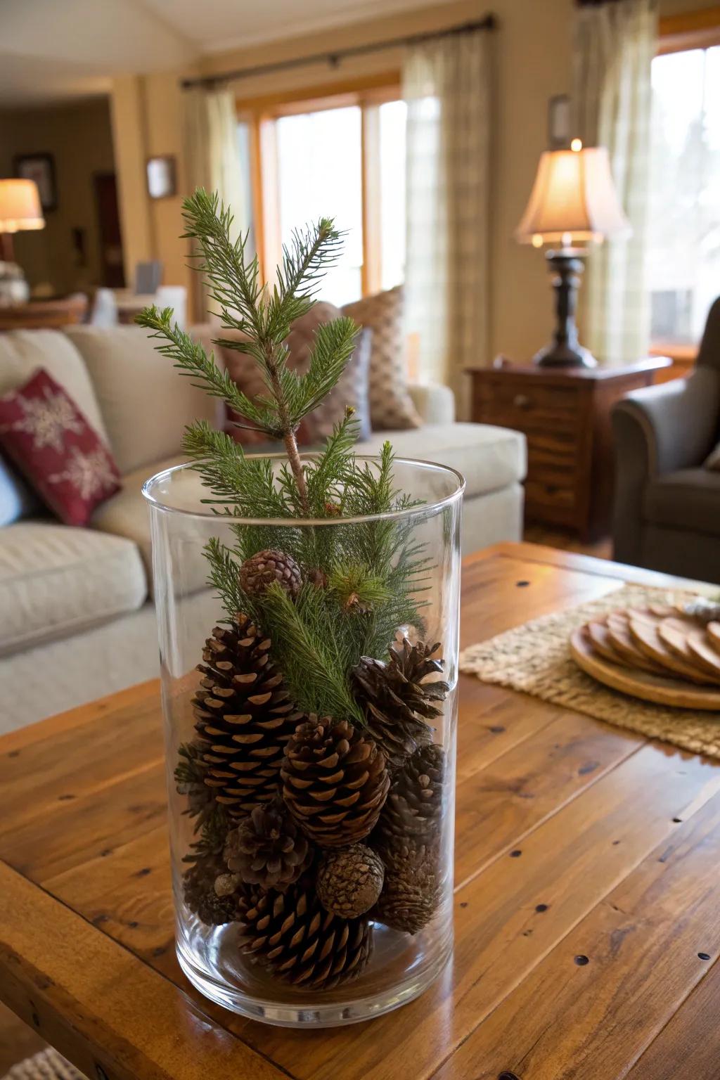 Bring nature indoors with a pinecone and evergreen vase.