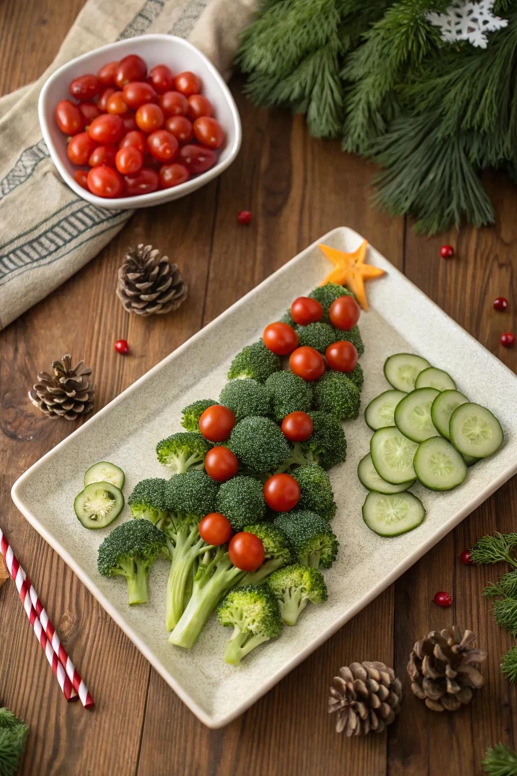 A classic evergreen tree veggie tray design, both festive and healthy.