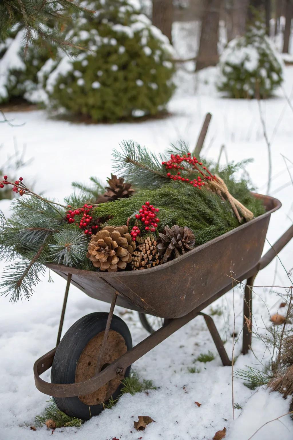 A festive wheelbarrow overflowing with evergreens and cheerful berries.
