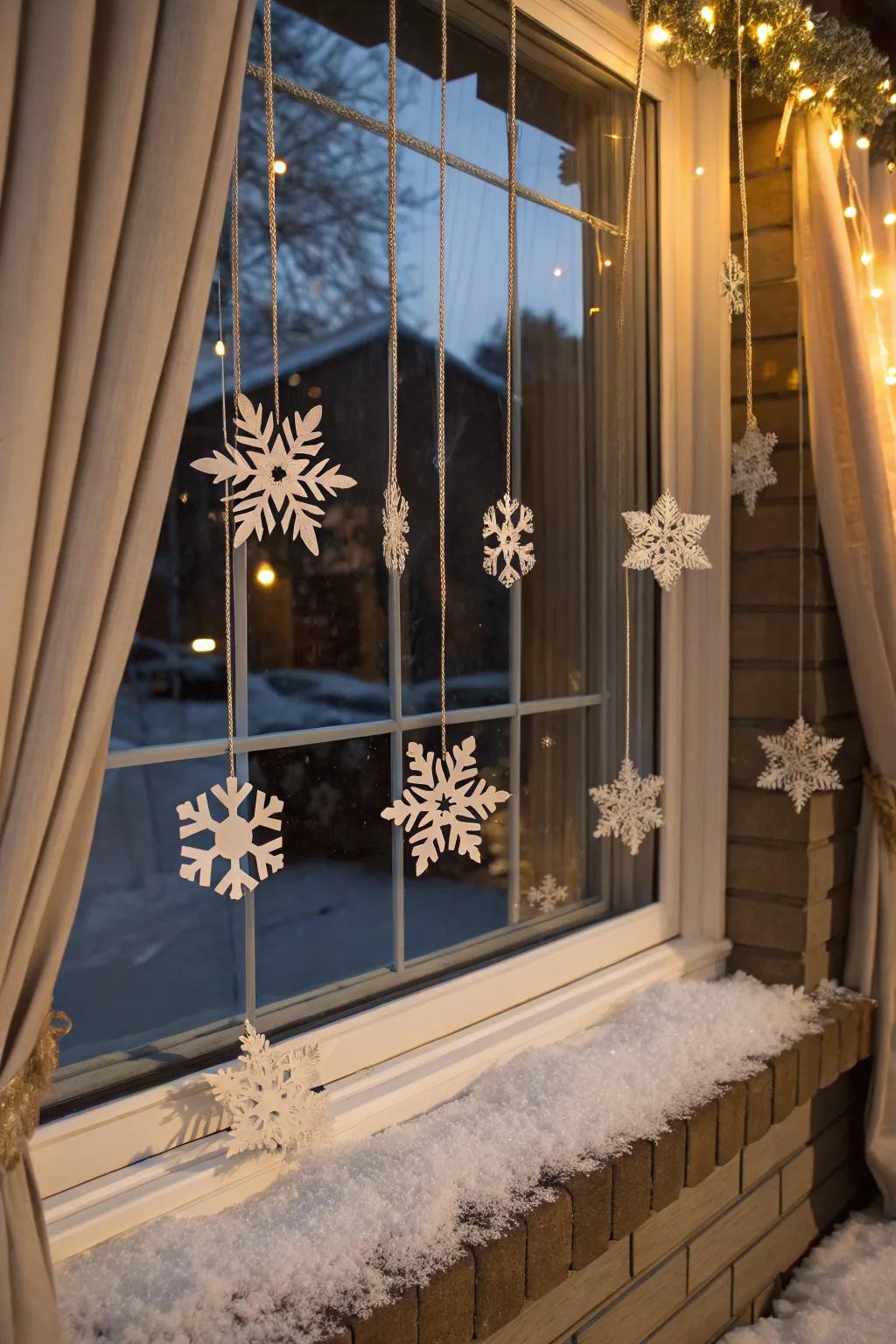 A snowy fantasy created by suspended snowflakes graces this window.