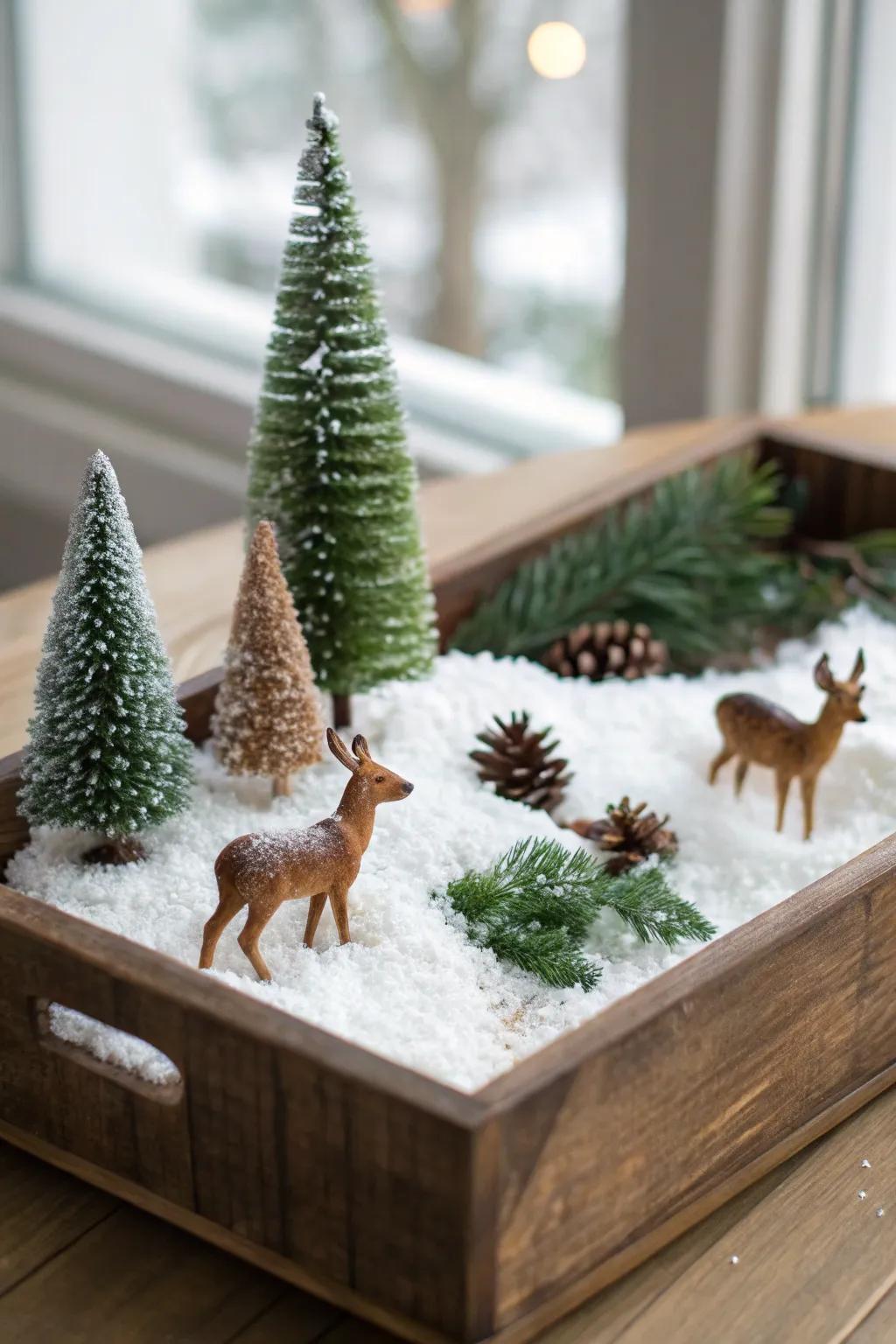 An enthralling small-scale snow-laden vista showcased on a wood tray.