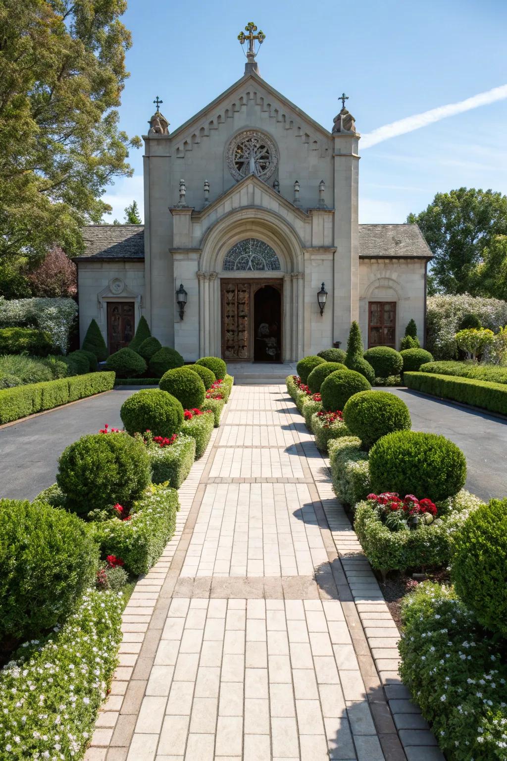Symmetrical landscaping offers equilibrium and charm to church entrances.