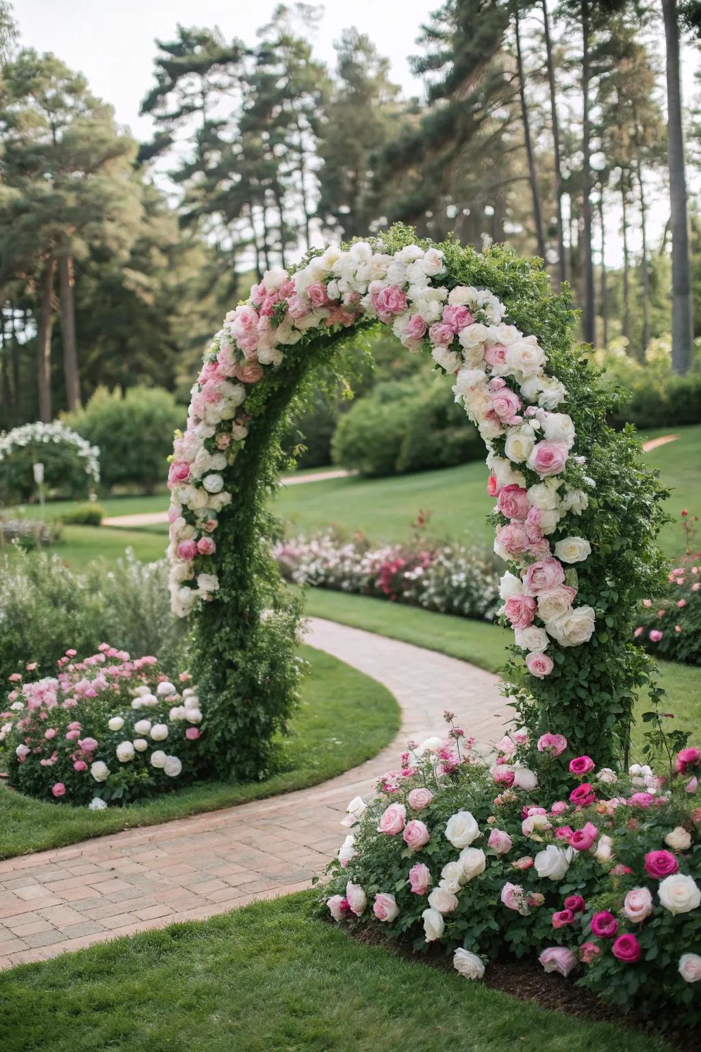 A romantic floral circle arch with pink and white blooms in a garden setting.