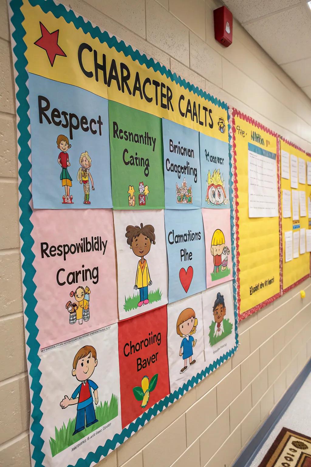Virtues such as respect and empathy emphasized on a bulletin board.