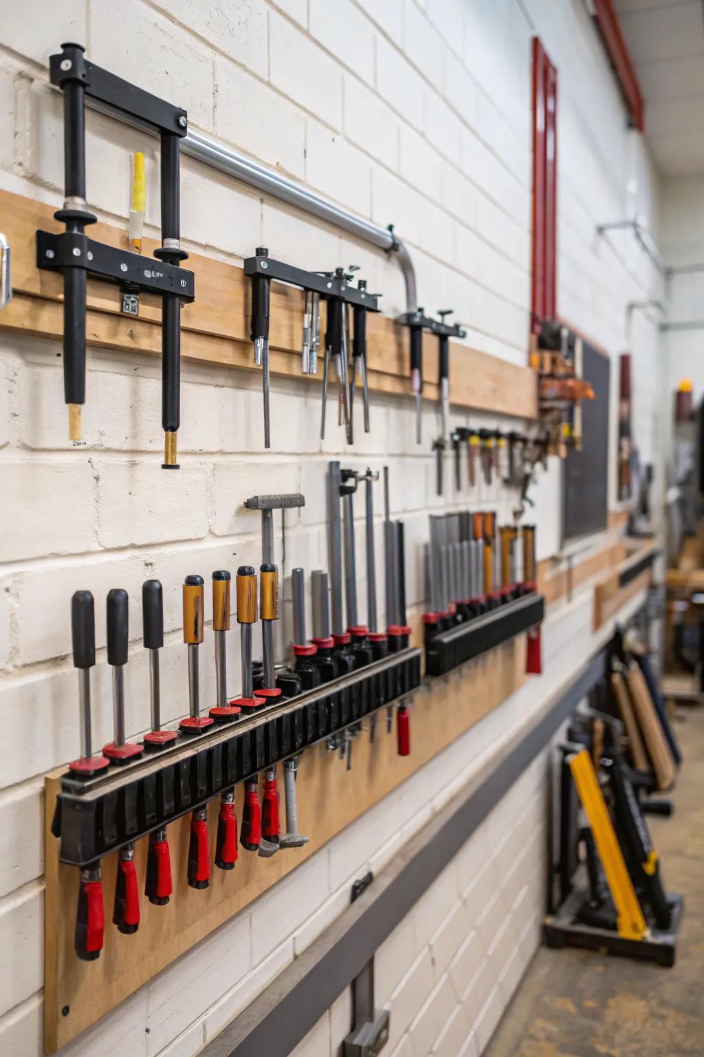 Using wall-mounted racks for vertical storage keeps clamps readily accessible.