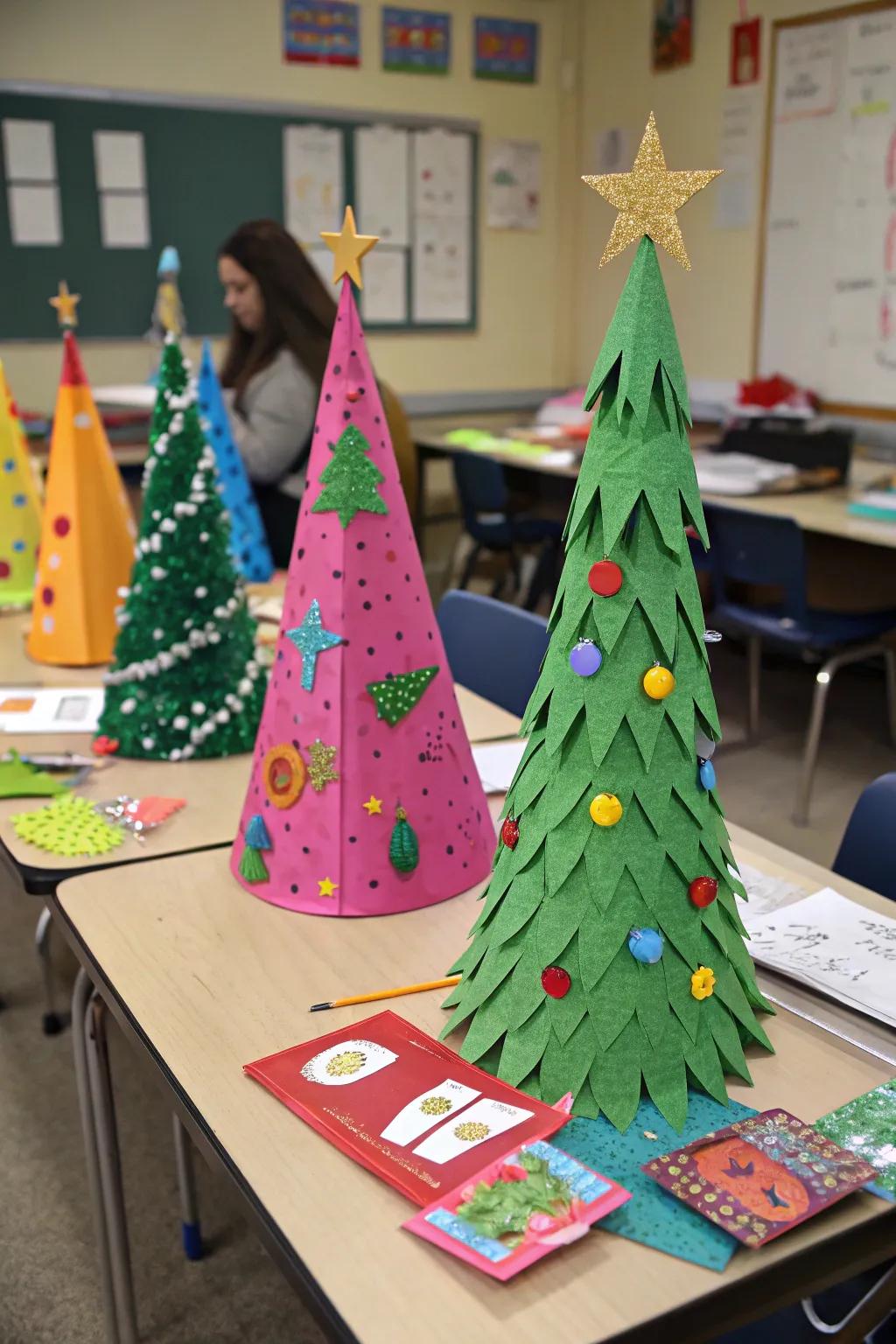 Handmade paper Christmas trees ornamented by pupils