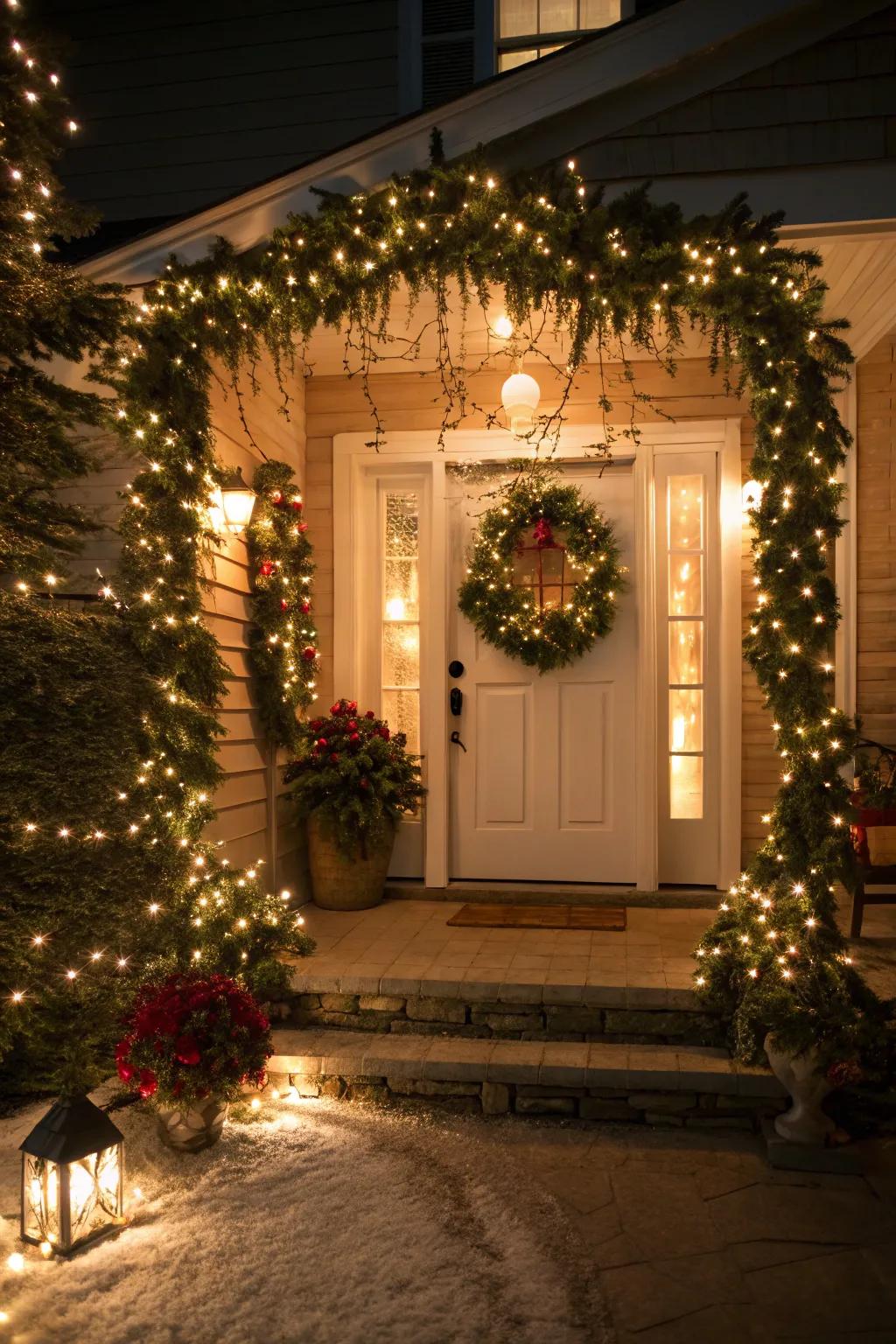 A cozy entrance featuring festive bands and soft white lights.