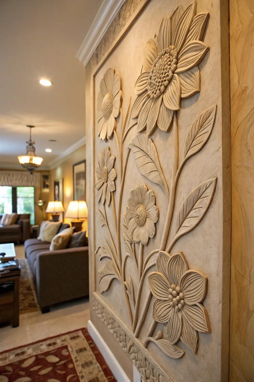 A vibrant floral clay relief sculpture, bringing a touch of nature indoors.