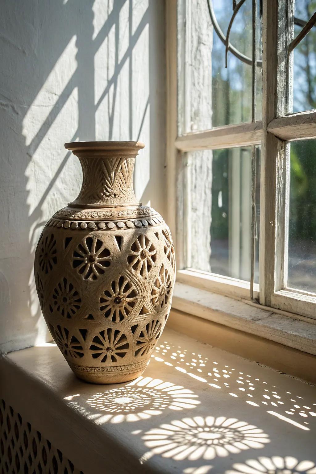 An earthenware container featuring complex perforation designs, resulting in captivating shadow formations.