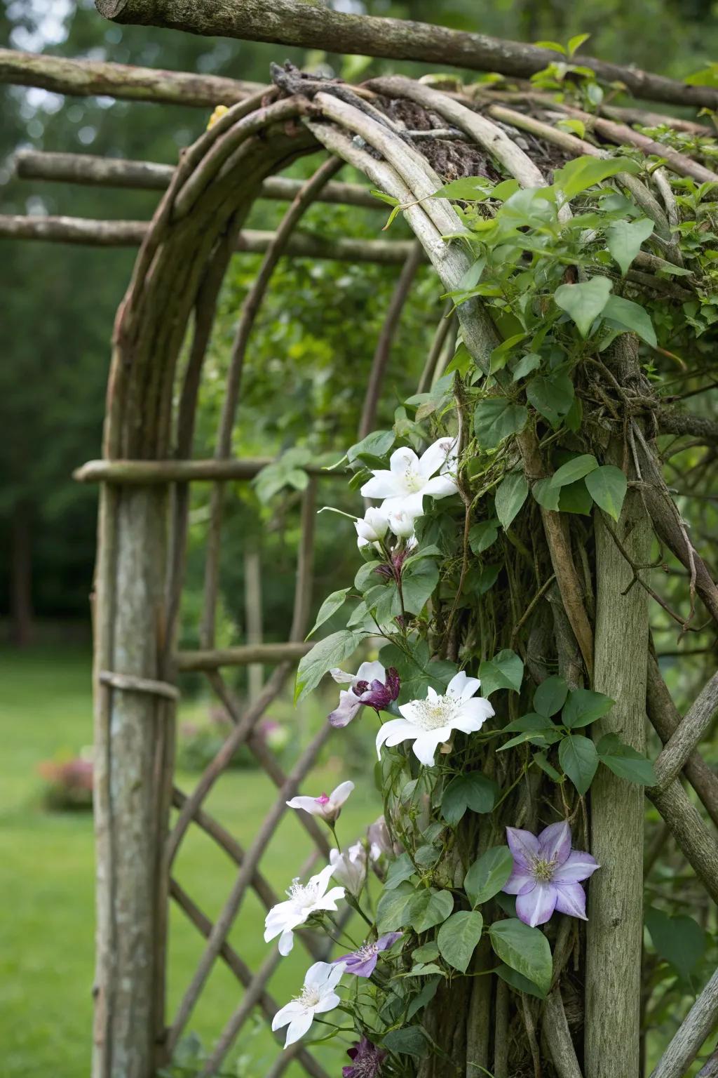 A naturally styled trellis made from tree branches provides an organic base for clematis to flourish.