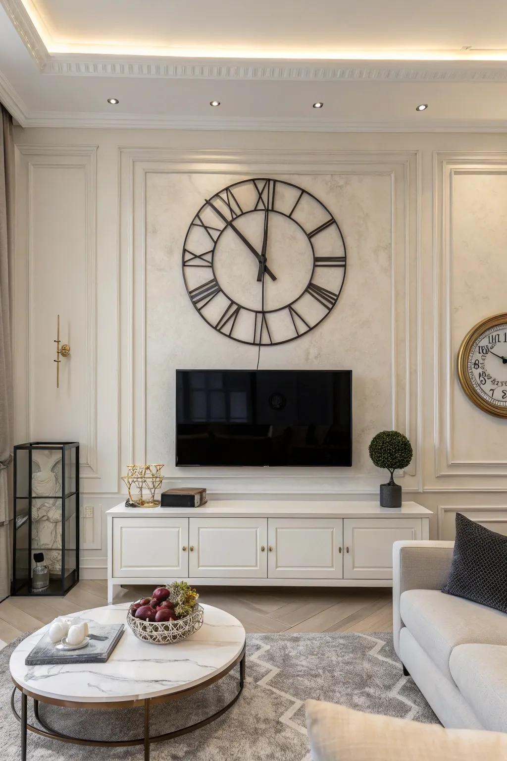 A prominent, large wall clock creates a focal point above the TV in a minimalist design scheme.