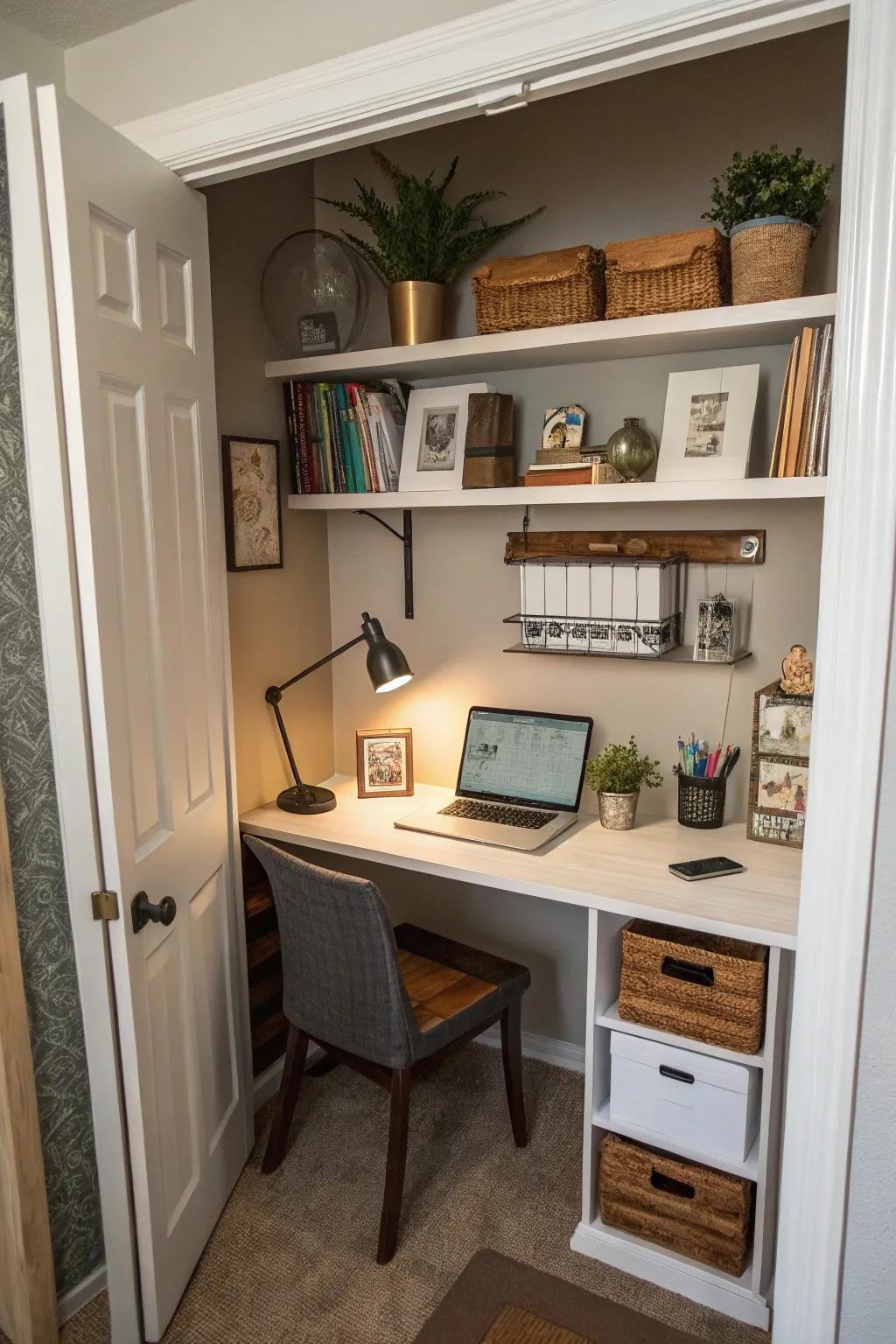 Make a closet into a small workspace with effective storage options.