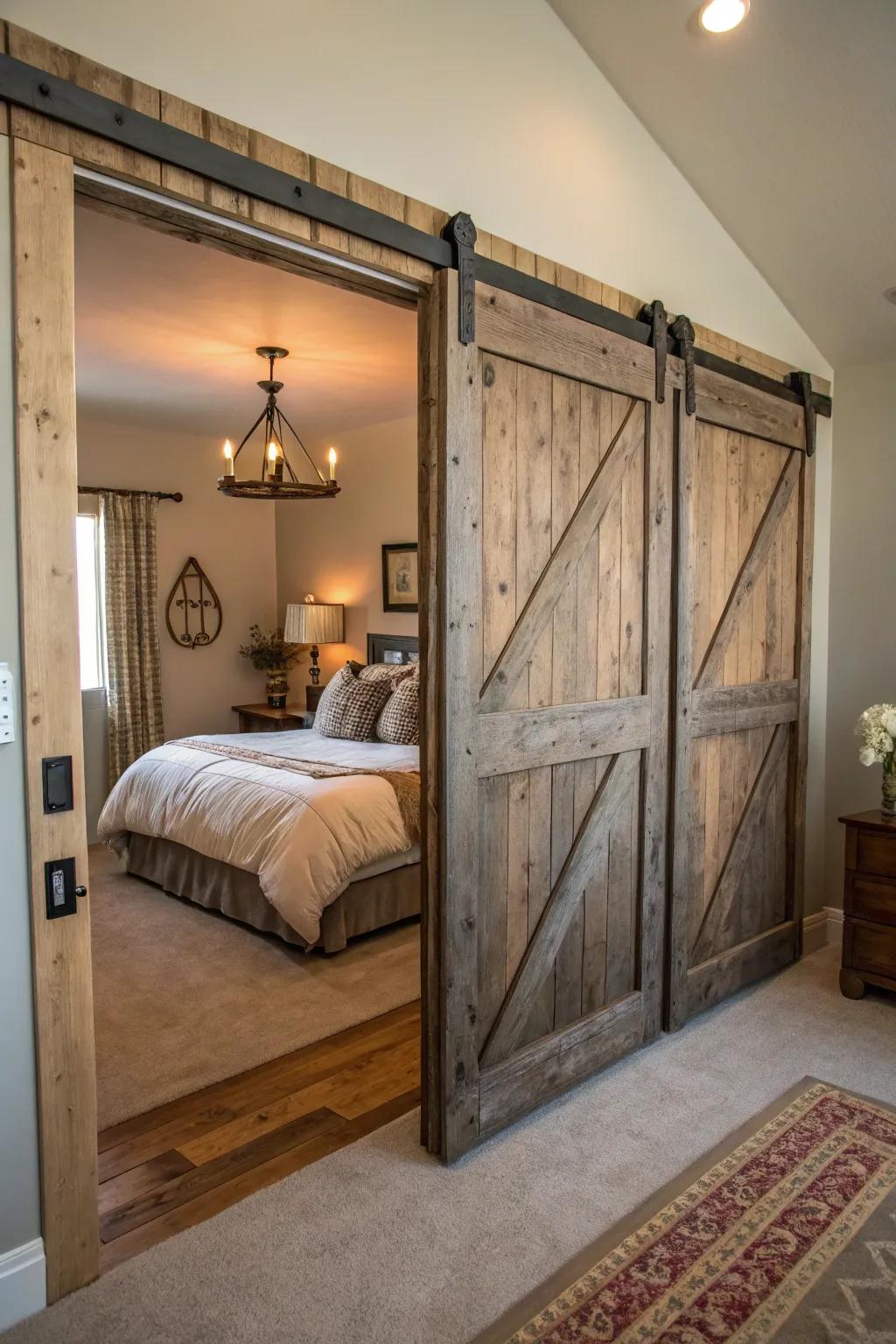 Barn-style doors contribute countryside allure and practicality.