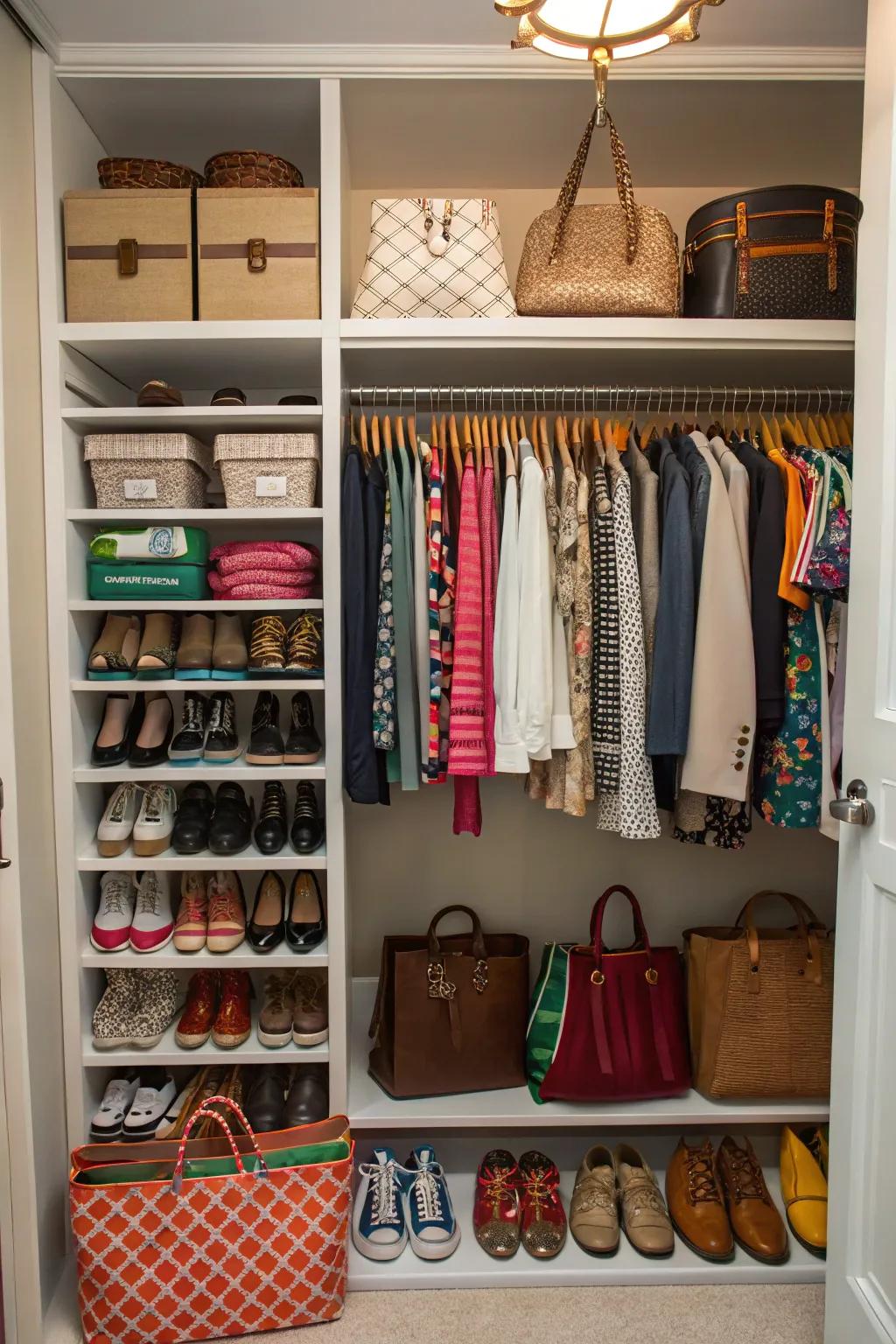 Use vertical shelving to fully utilize and maximize your closet's storage capabilities.