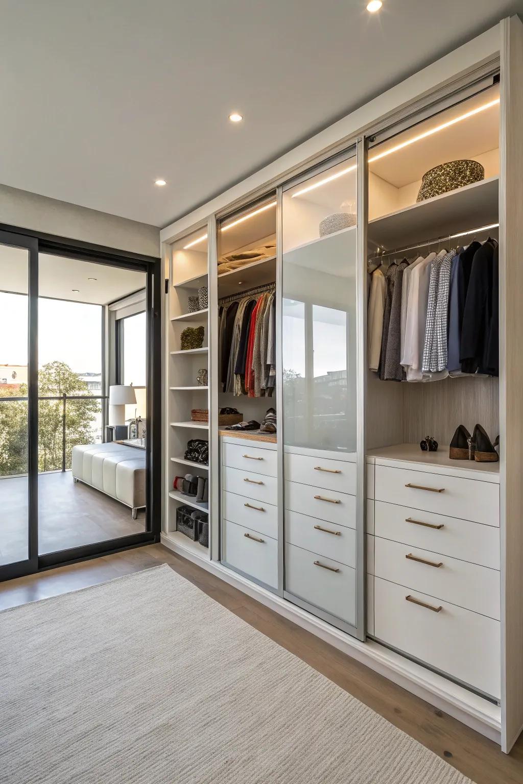 A custom closet featuring a built-in clothes organizer for a seamless design.