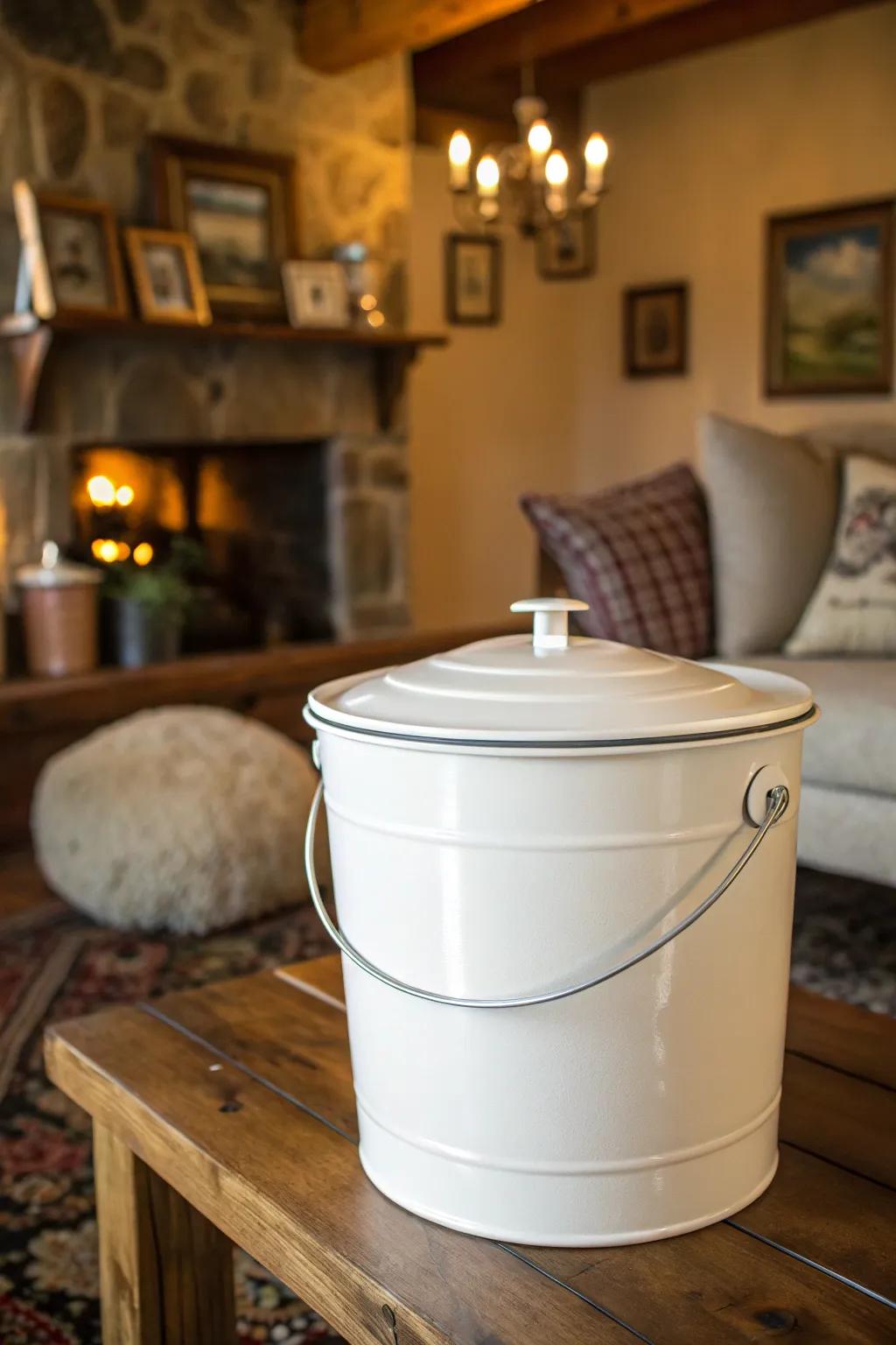 A classic dry pail with a flip-top lid perfectly fits into a warm, cozy home environment.