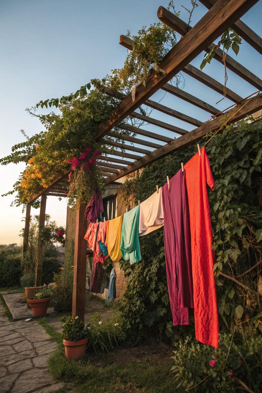 A timber frame clothesline beautifully combines practicality and nature.