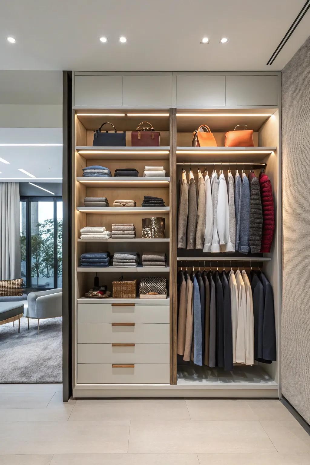 Clothes on open shelves become an element of fashionable decor.