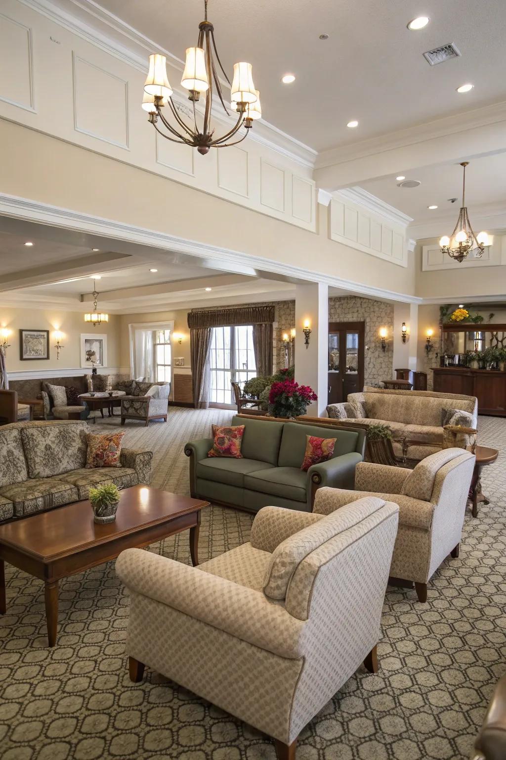 Open spaces with a variety of seating options in a clubhouse.