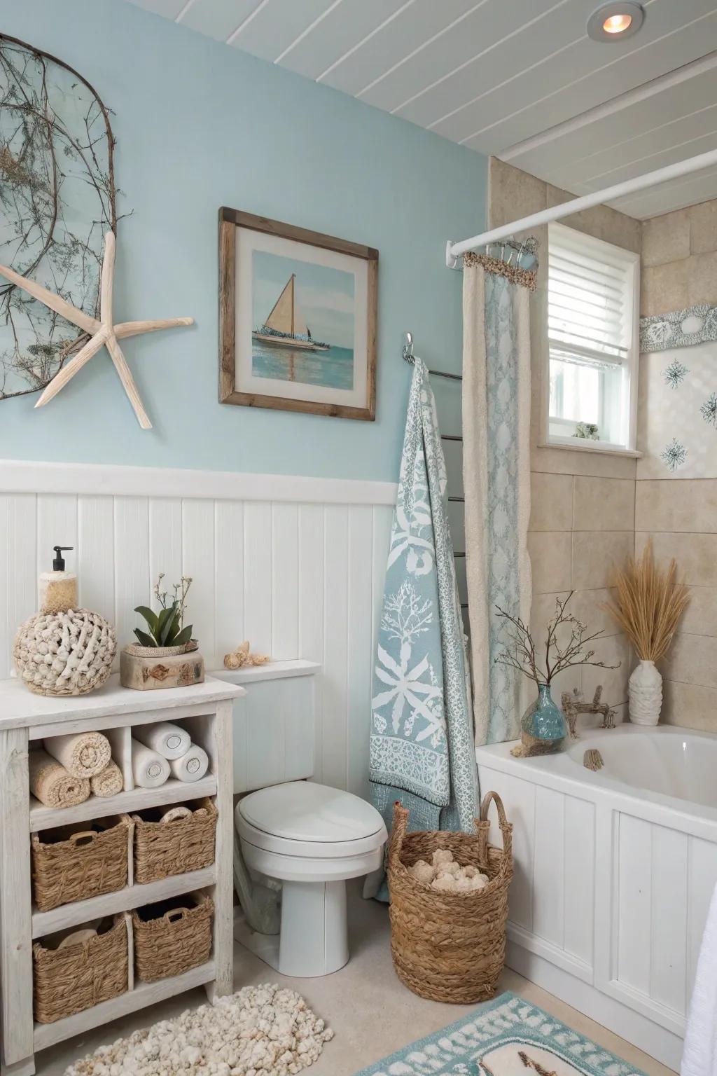 A gentle color scheme establishes a soothing coastal ambiance.