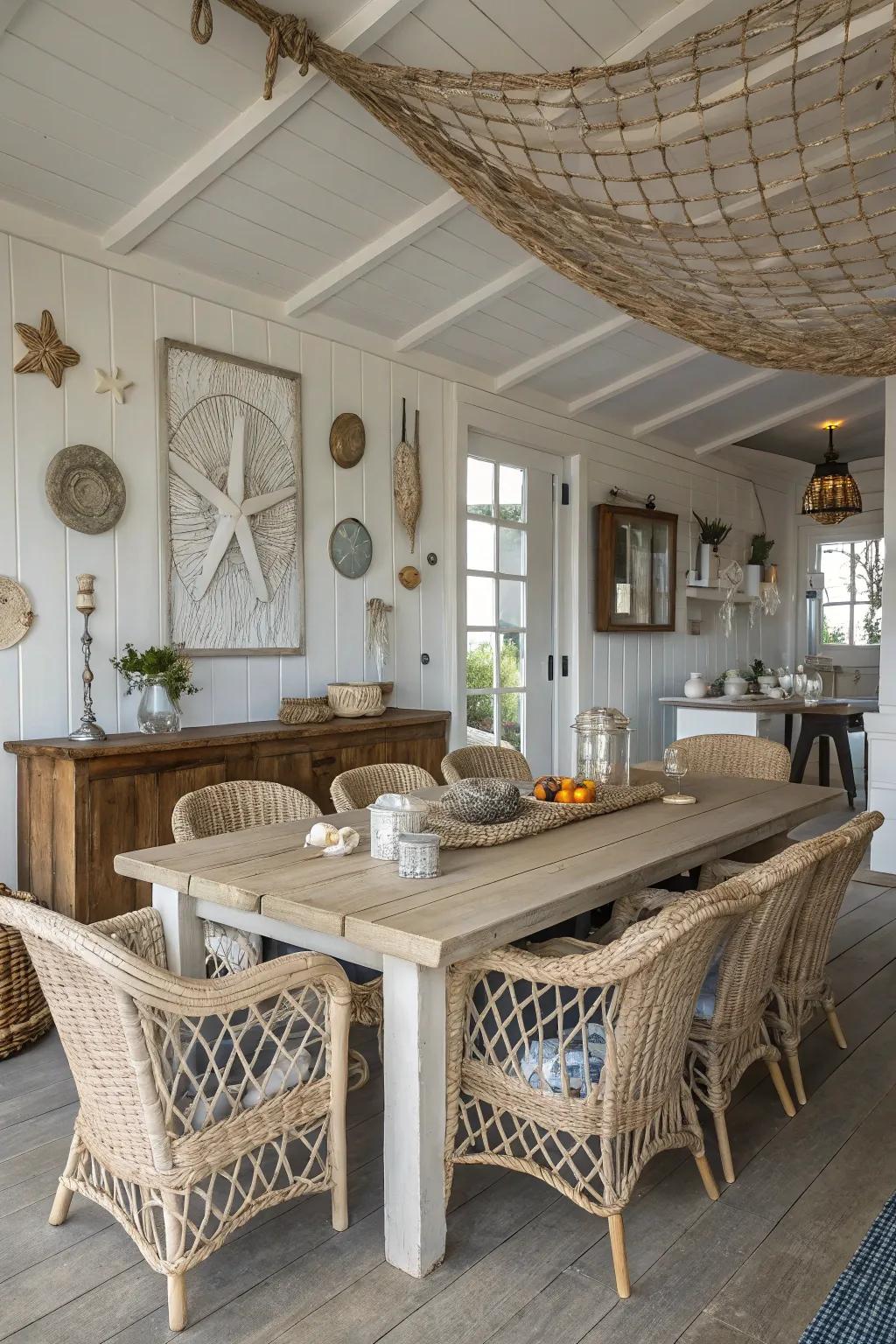 Organic textures like cane and reclaimed wood contribute a coastal ambiance to your dining area.