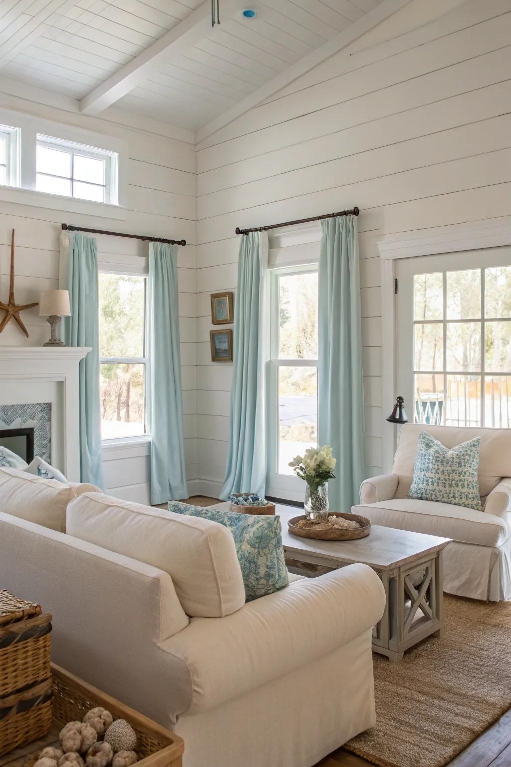 Neutral hues establish a serene and welcoming coastal farmhouse setting.
