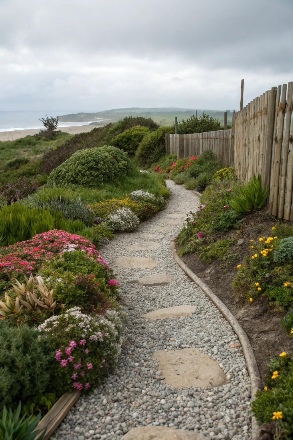 Pebble and stone paths introduce texture and appeal to coastal gardens.