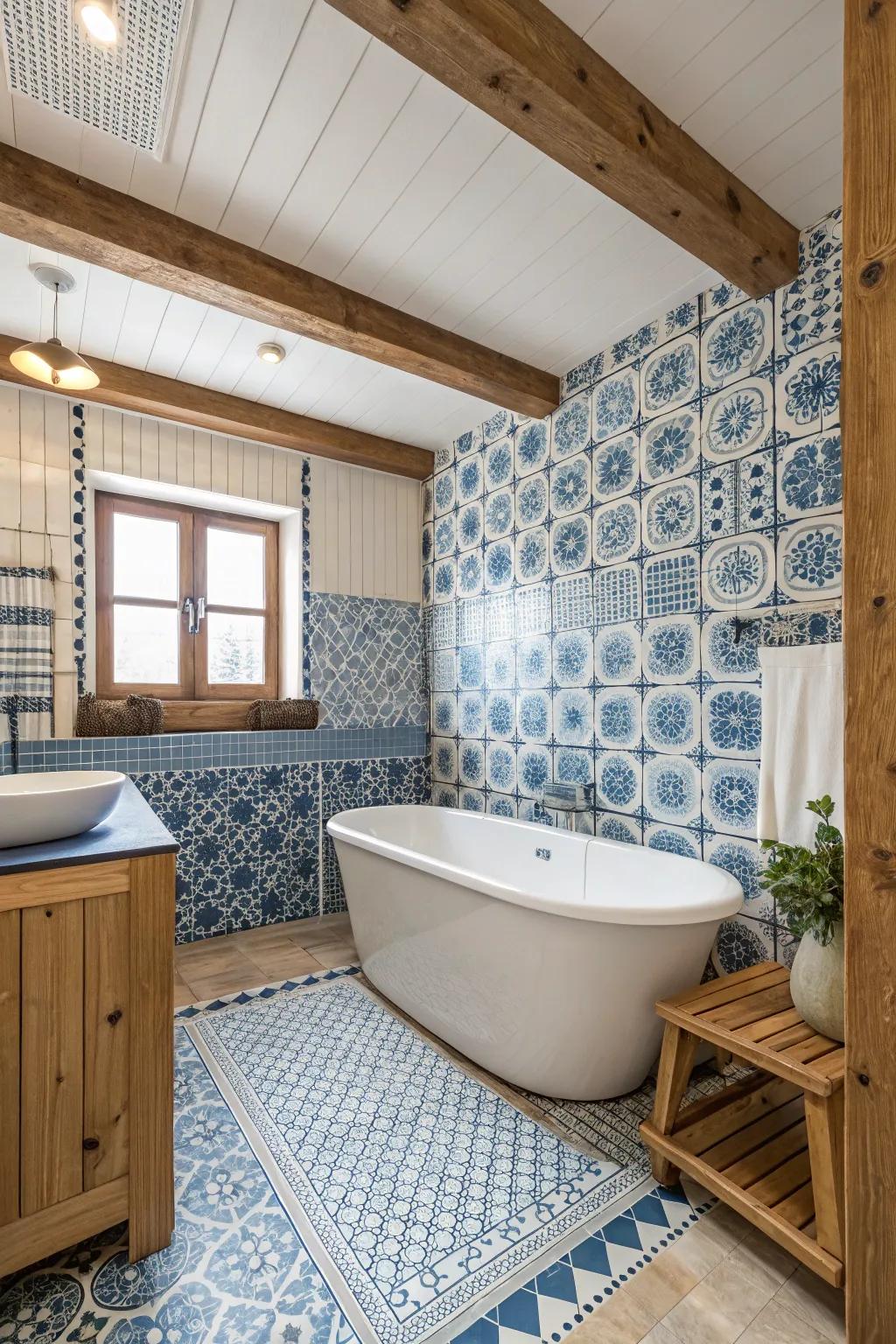 Appreciate the timeless coastal aesthetic with a blue and white tile selection.