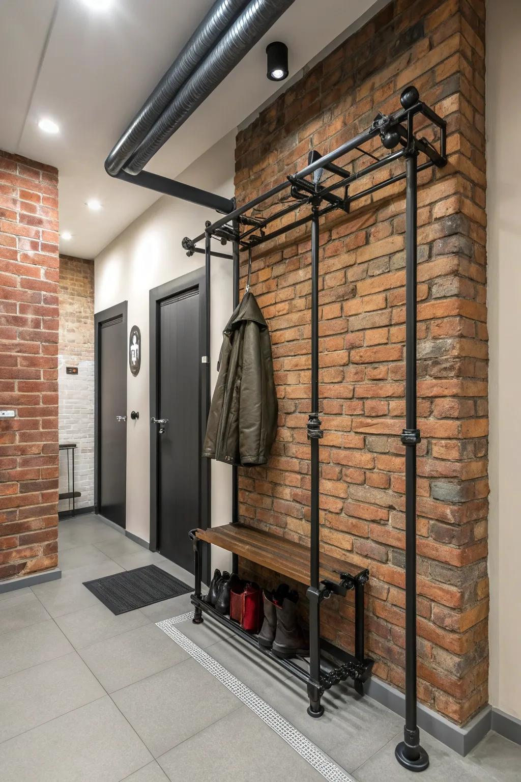 A metal-based rack constructed from plumbing pipes, infusing a modern entryway with character.