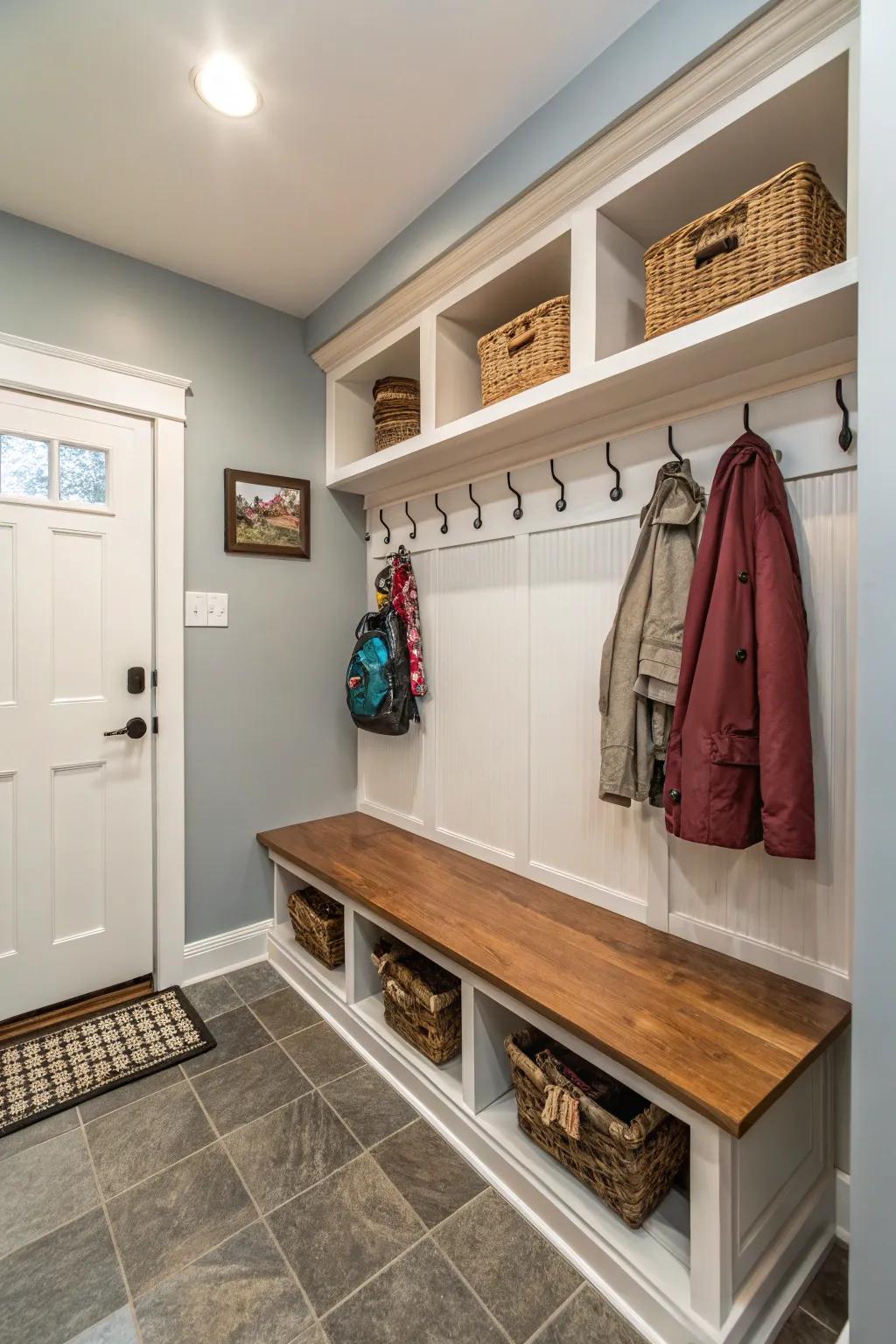A narrow nook exquisitely converted into a useful mudroom.