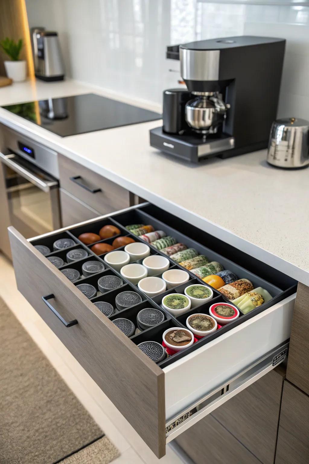 A specialized tray for coffee capsules ensures your selections are always at hand.