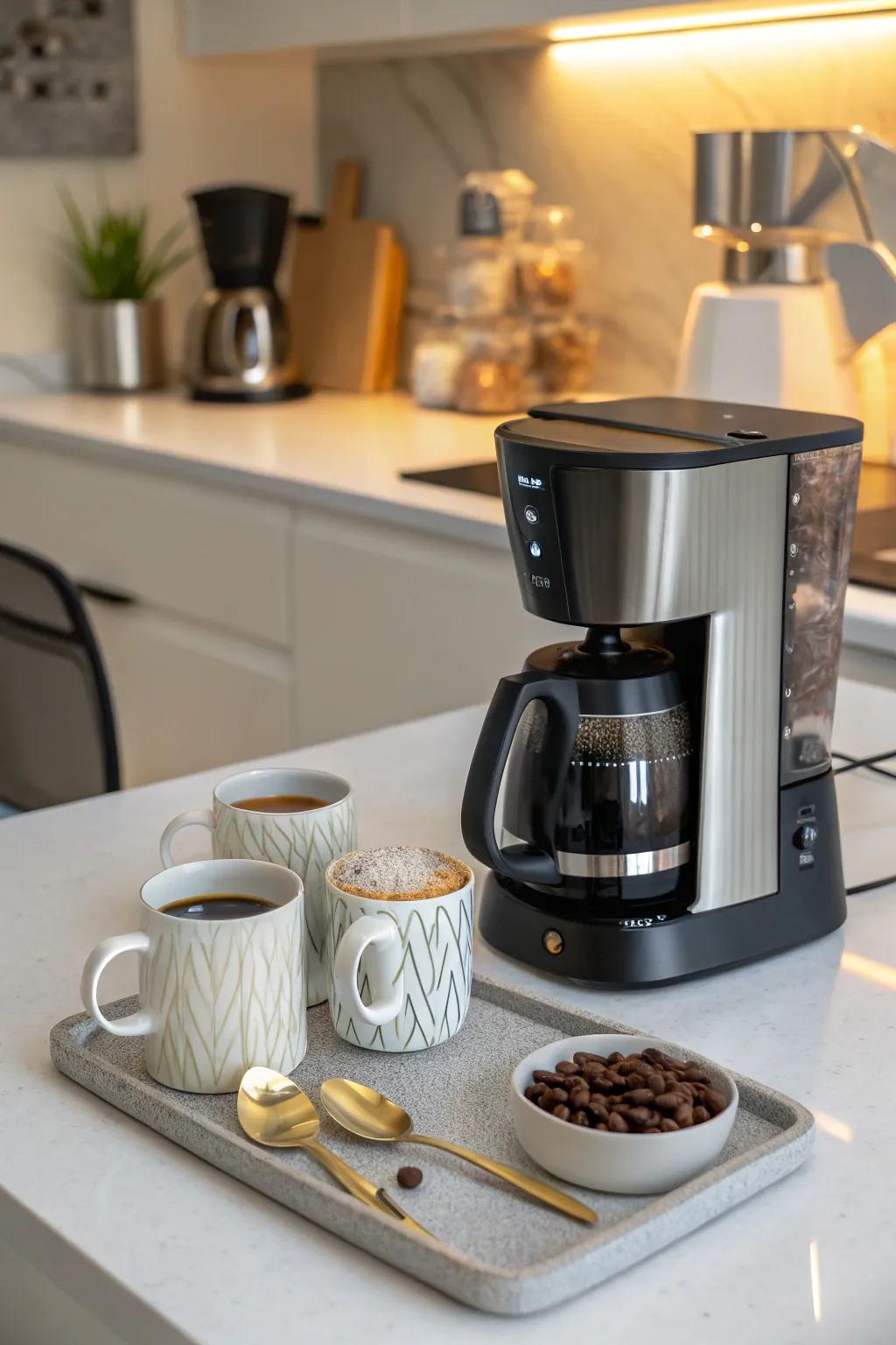A stylish and well-organized coffee corner on the countertop.