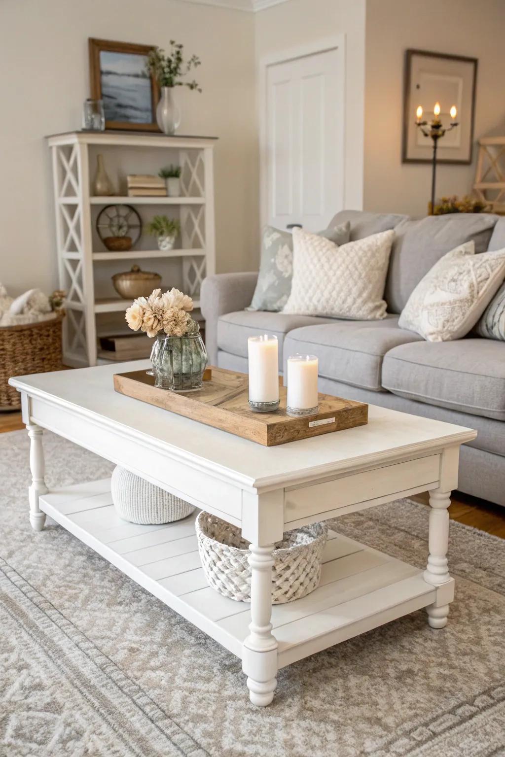 A timeless ivory center table introduces sophistication and light to any setting.