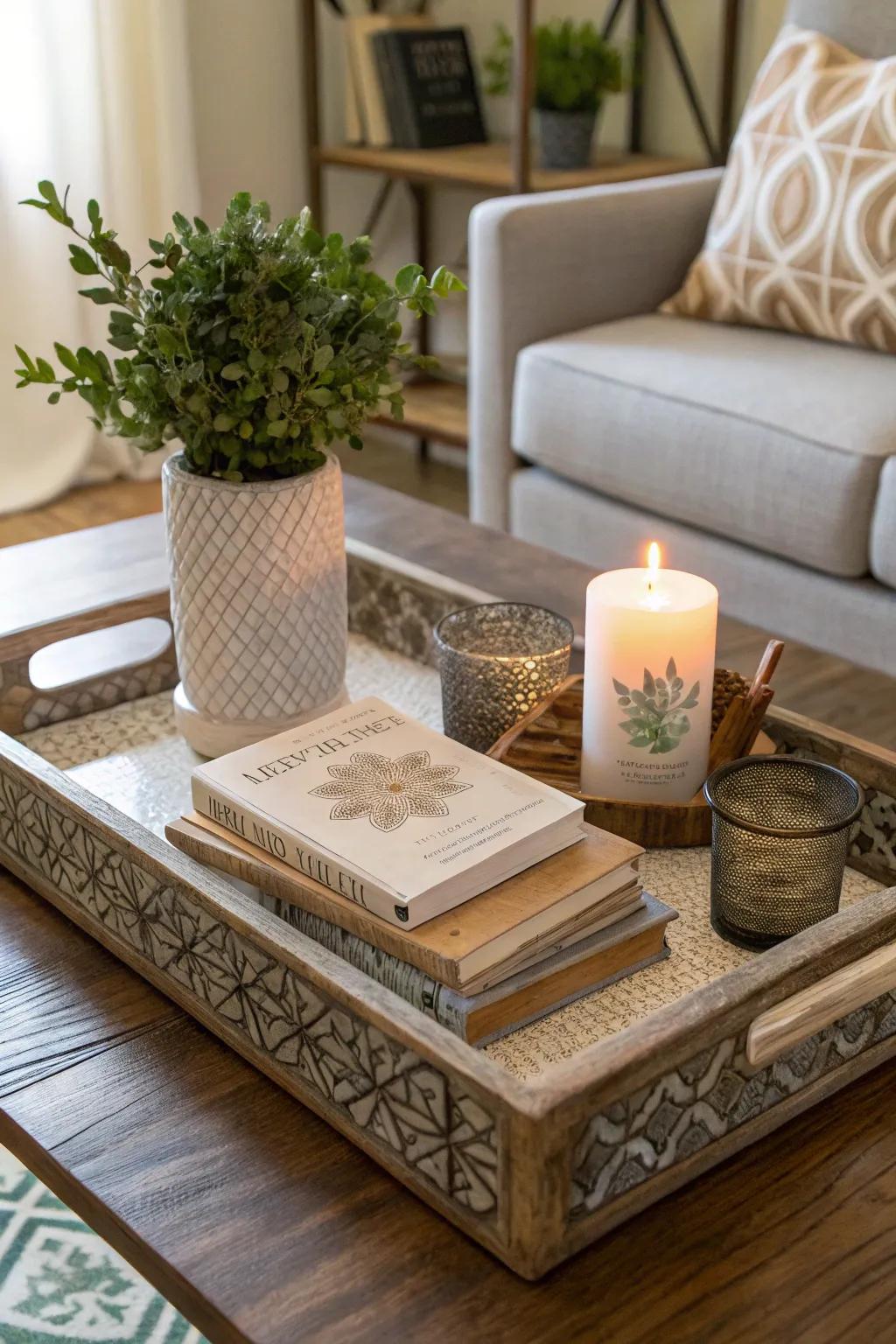 An ornamental plate creates the ideal base for an organized coffee table display.