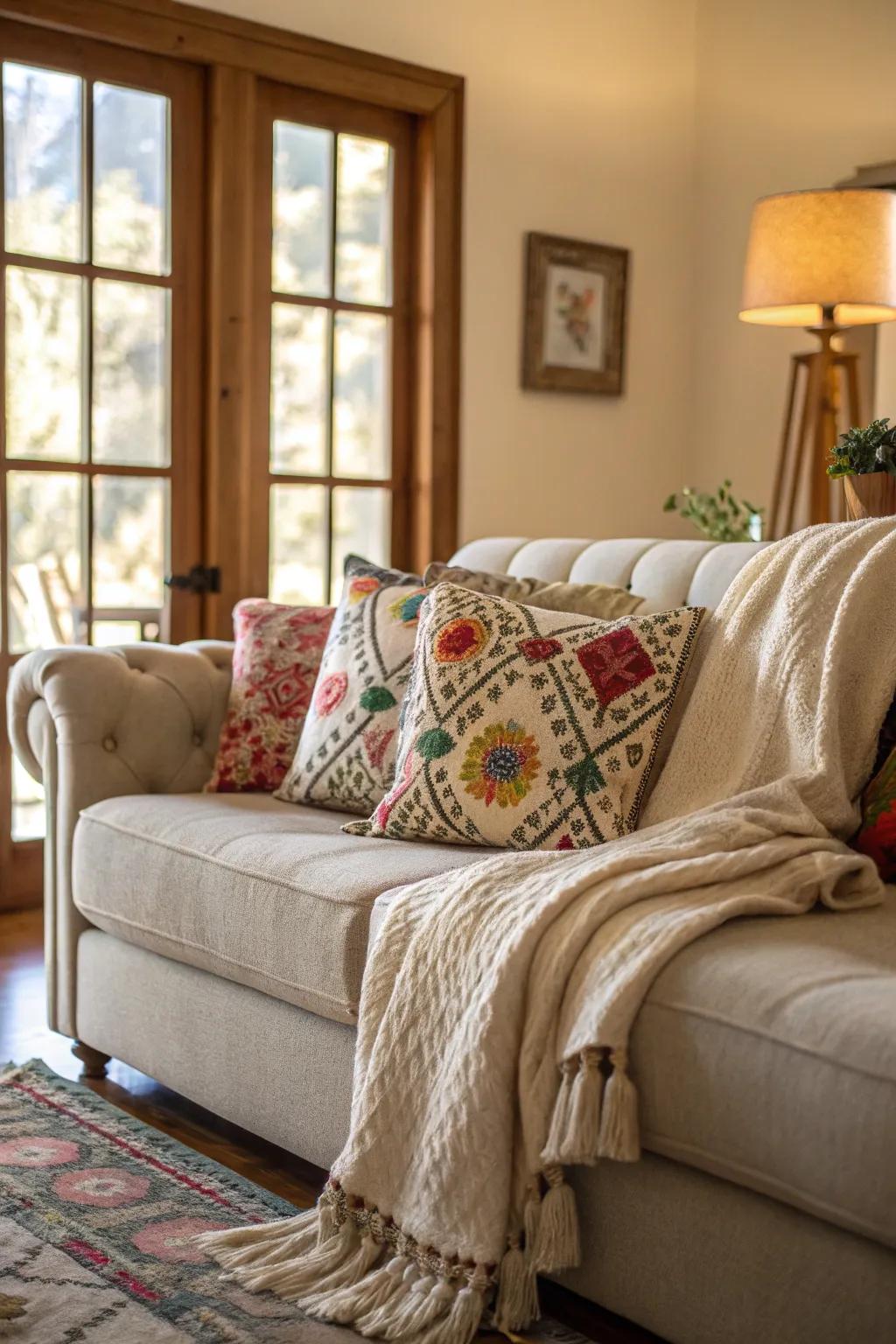 A relaxing seating area featuring a chic couch, colorful pillows, and a soft throw blanket.