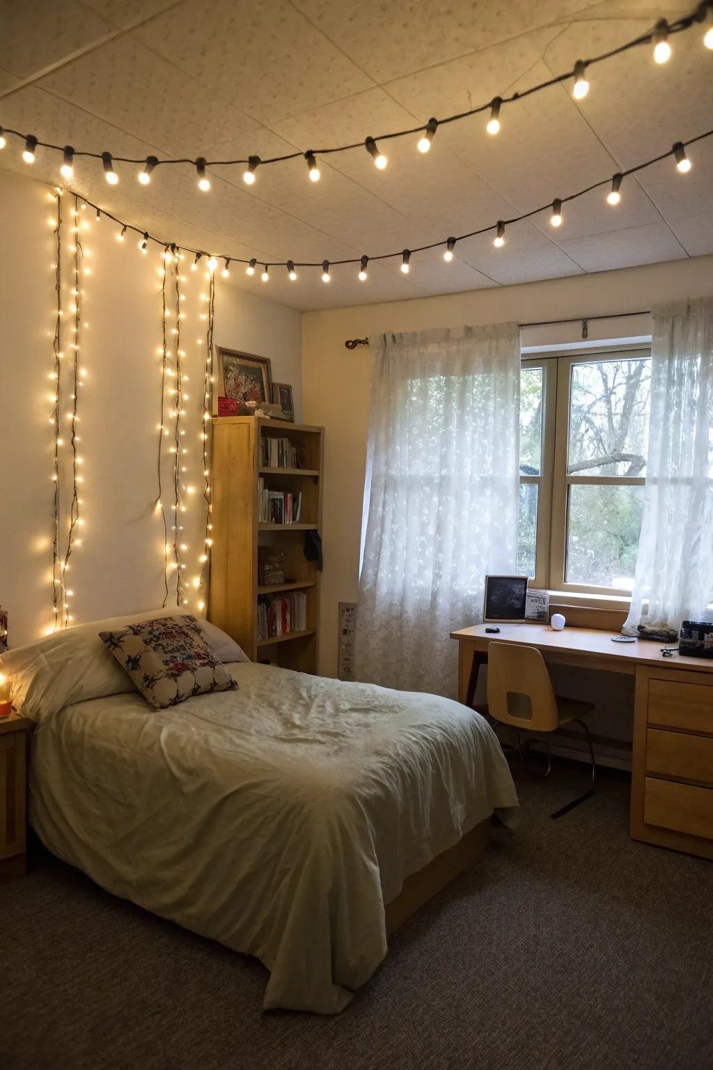 Add a cozy glow to your dorm with simple sparkle lights.