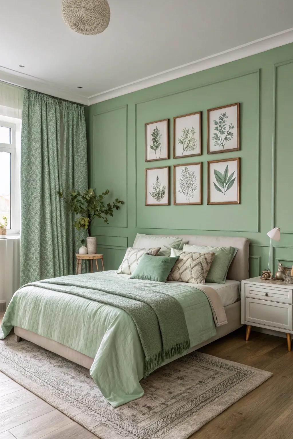 A cohesive sage verdant bedroom illustrating the monochromatic charm of color drenching.