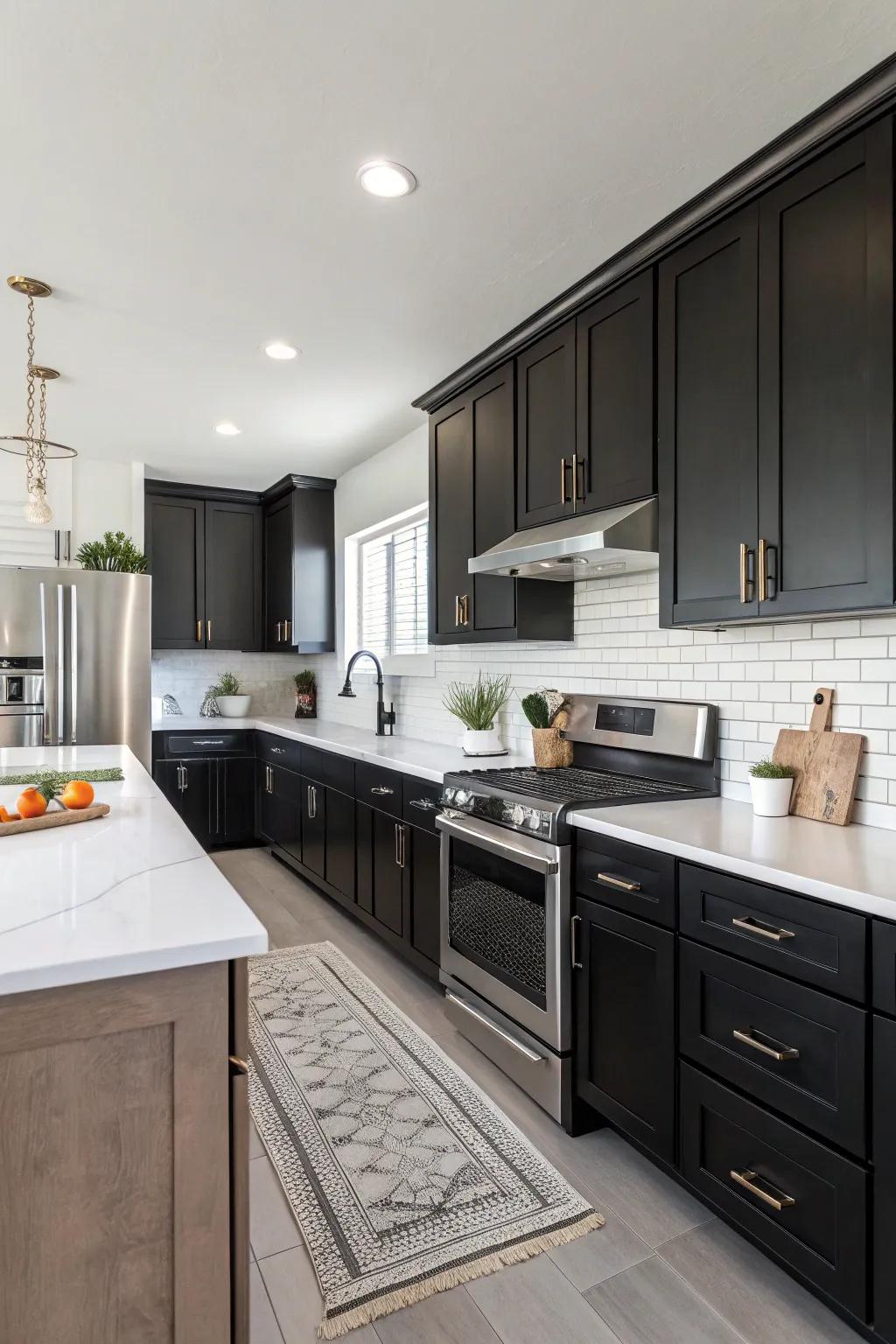 A contemporary kitchen showcasing dark cabinets, beautifully contrasted with bright white walls and countertops.