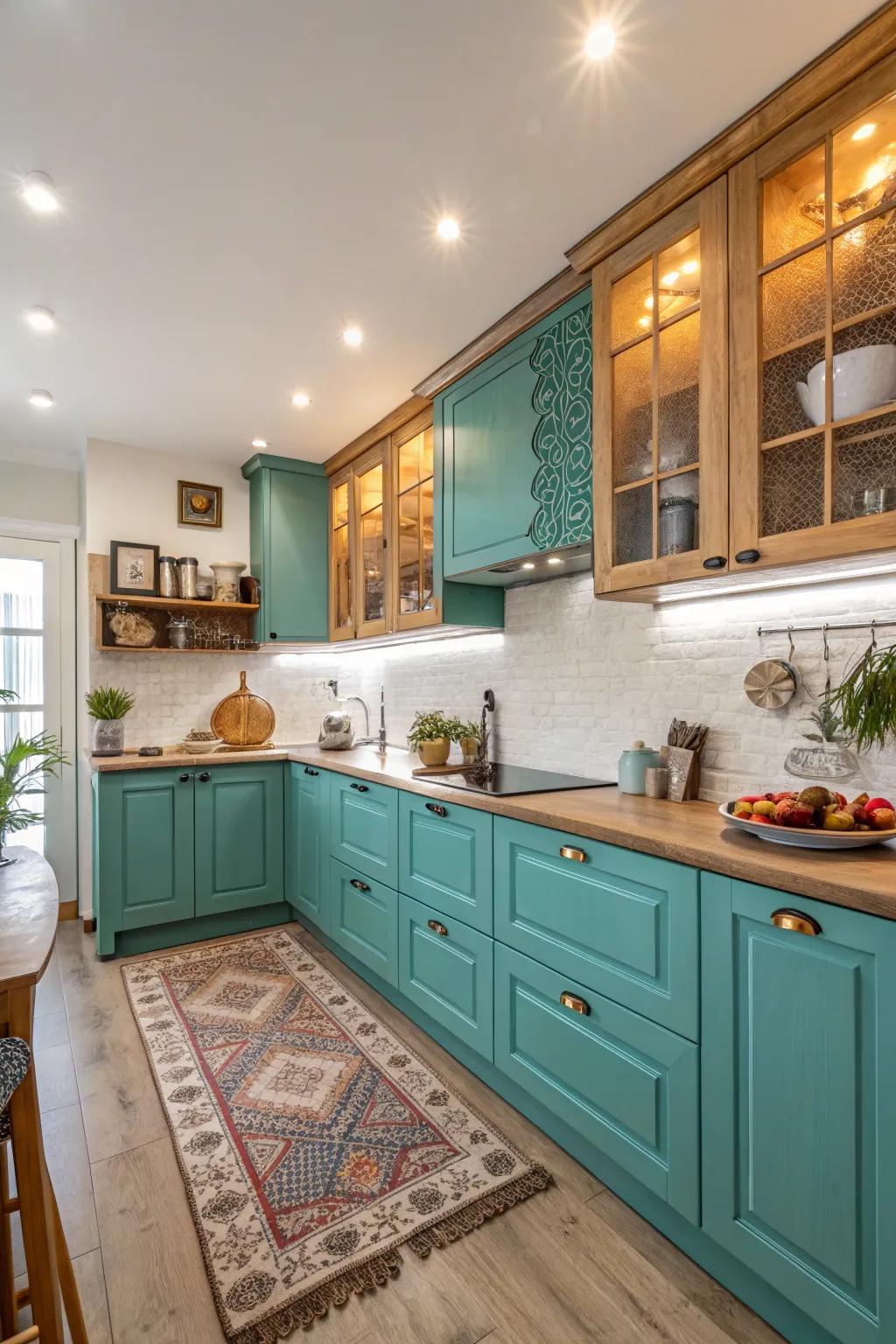 Aqua cabinets bring a revitalizing splash of color into this kitchen setting.