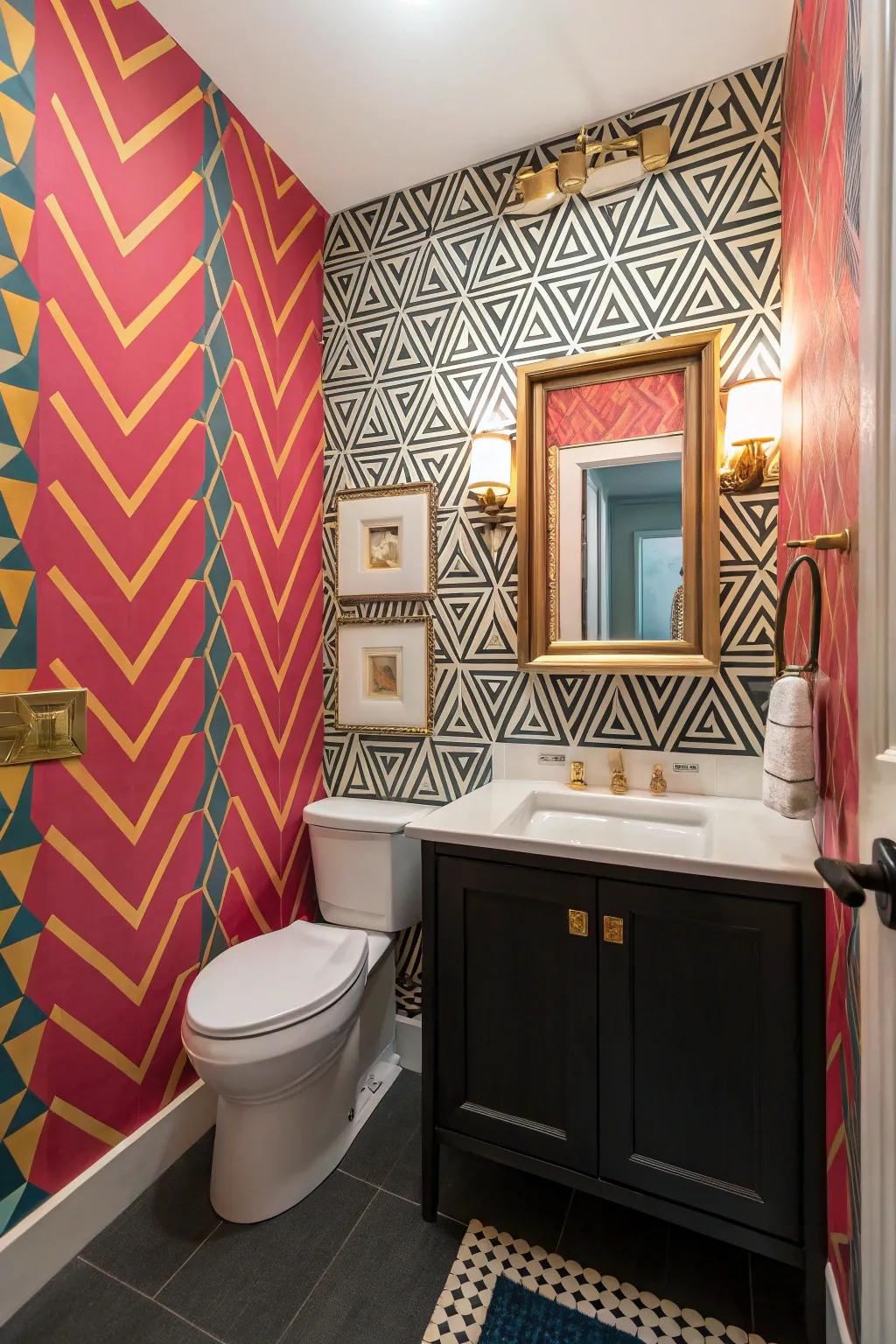 A guest bathroom showcasing bold geometric wall covering that adds a vibrant touch.