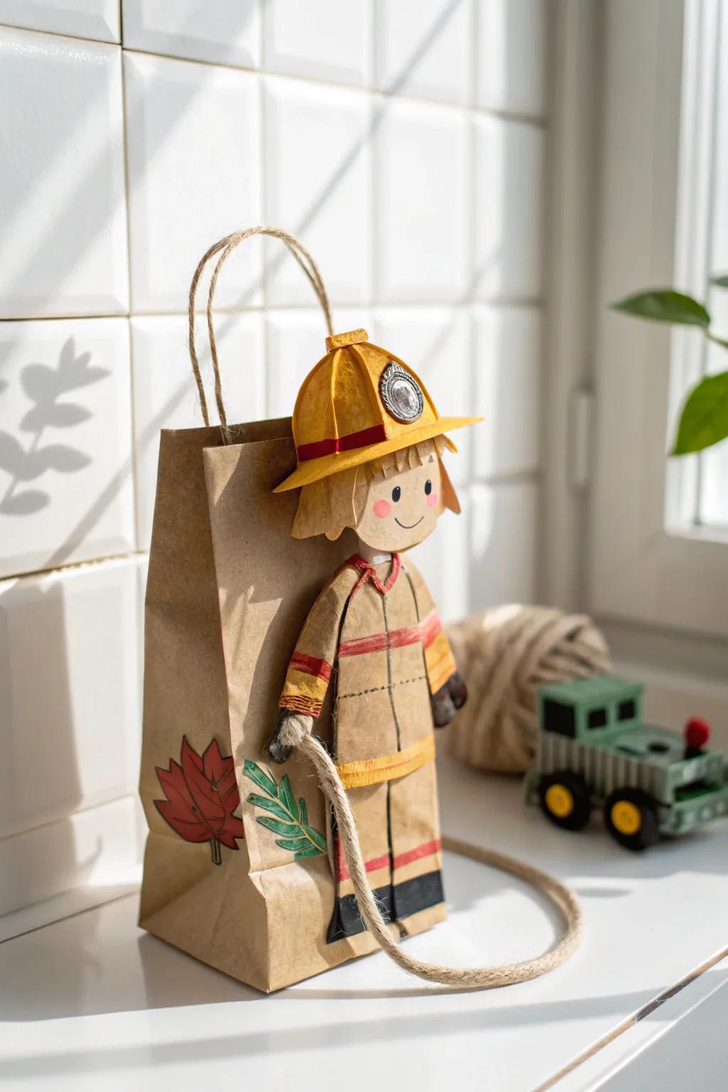 Craft with affection: Transform paper sacks into charming firefighter figures, mixing inventiveness with ease.
