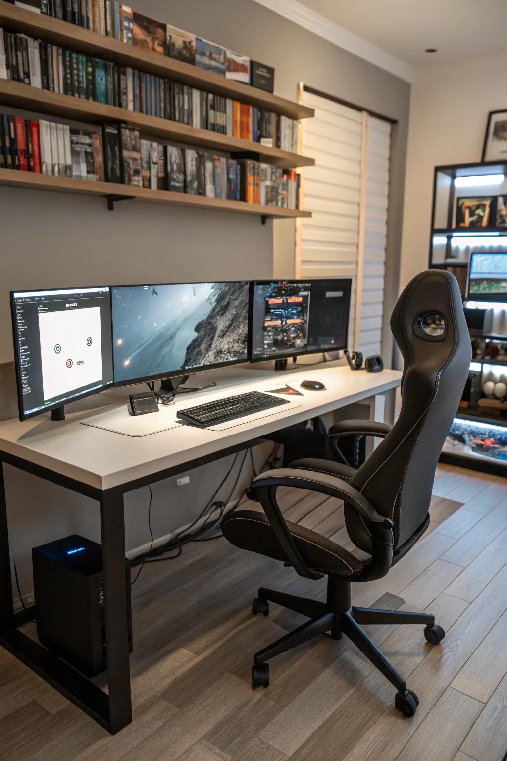 An advanced computer arrangement featuring triple monitors, perfectly designed for maximum productivity.